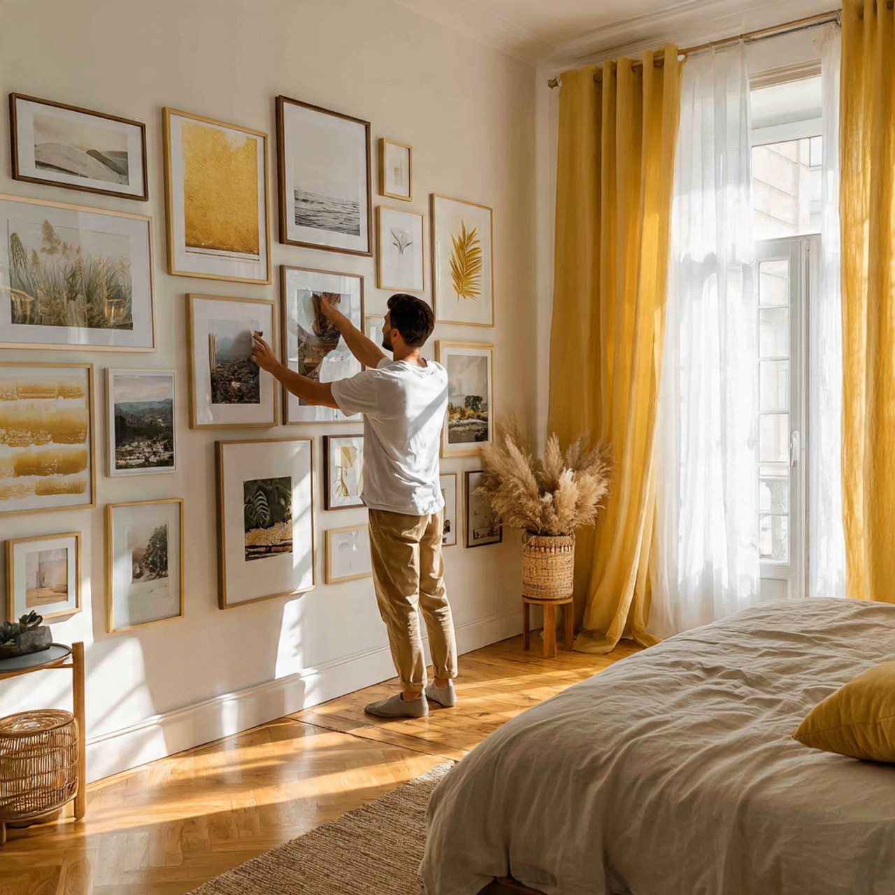 25 Yellow Bedroom Ideas: Bright, Cheerful Designs for a Sunny Sanctuary 24 bedroom with a goldenrod yellow gallery wall