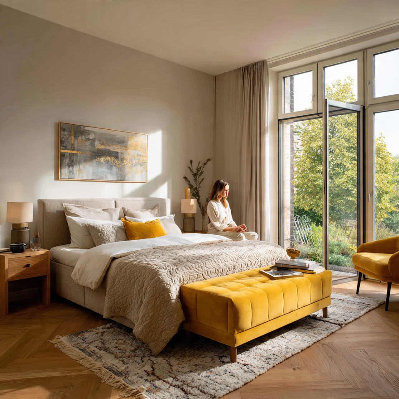 25 Yellow Bedroom Ideas: Bright, Cheerful Designs for a Sunny Sanctuary 23 bedroom with a soft yellow upholstered bench