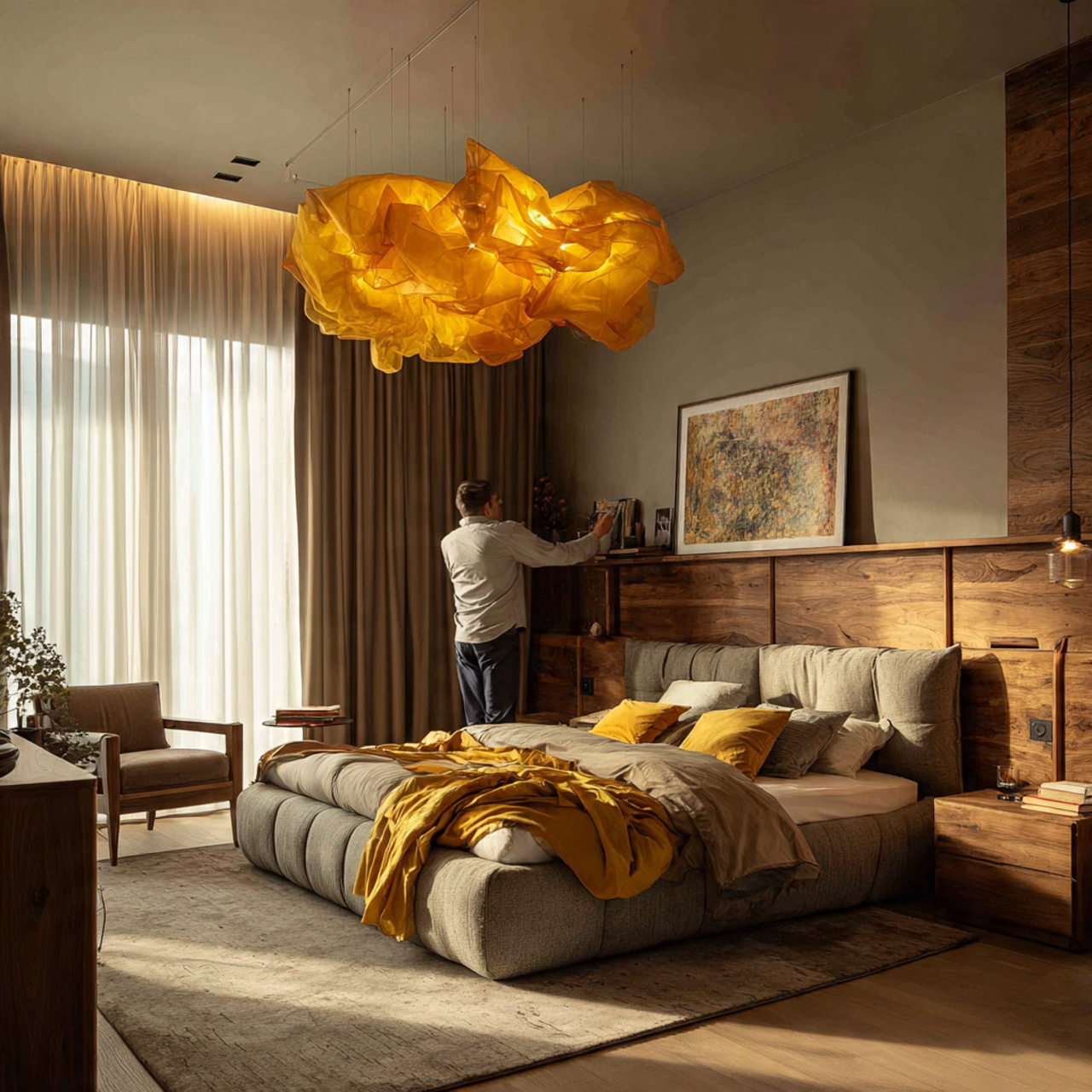 25 Yellow Bedroom Ideas: Bright, Cheerful Designs for a Sunny Sanctuary 9 bedroom with a striking saffron colored pendant light