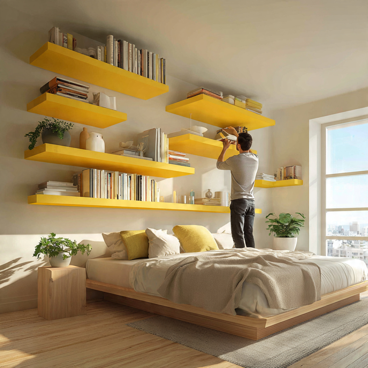 25 Yellow Bedroom Ideas: Bright, Cheerful Designs for a Sunny Sanctuary 20 bedroom with bright yellow floating shelves displaying