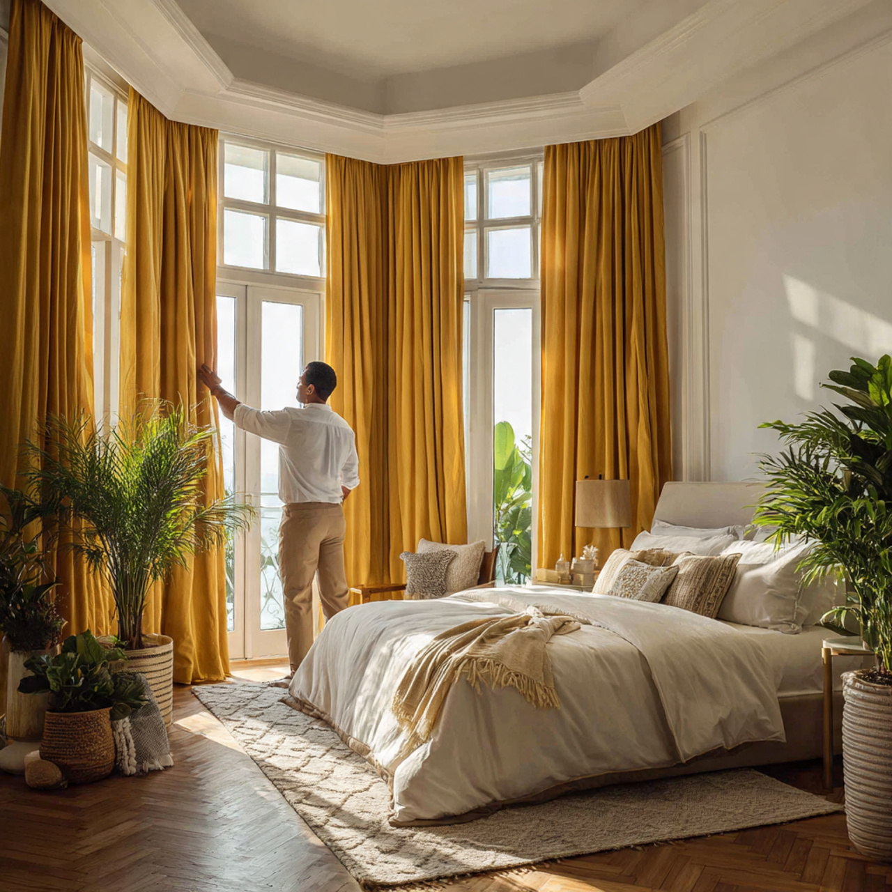 25 Yellow Bedroom Ideas: Bright, Cheerful Designs for a Sunny Sanctuary 5 bedroom with large windows adorned with honey hued