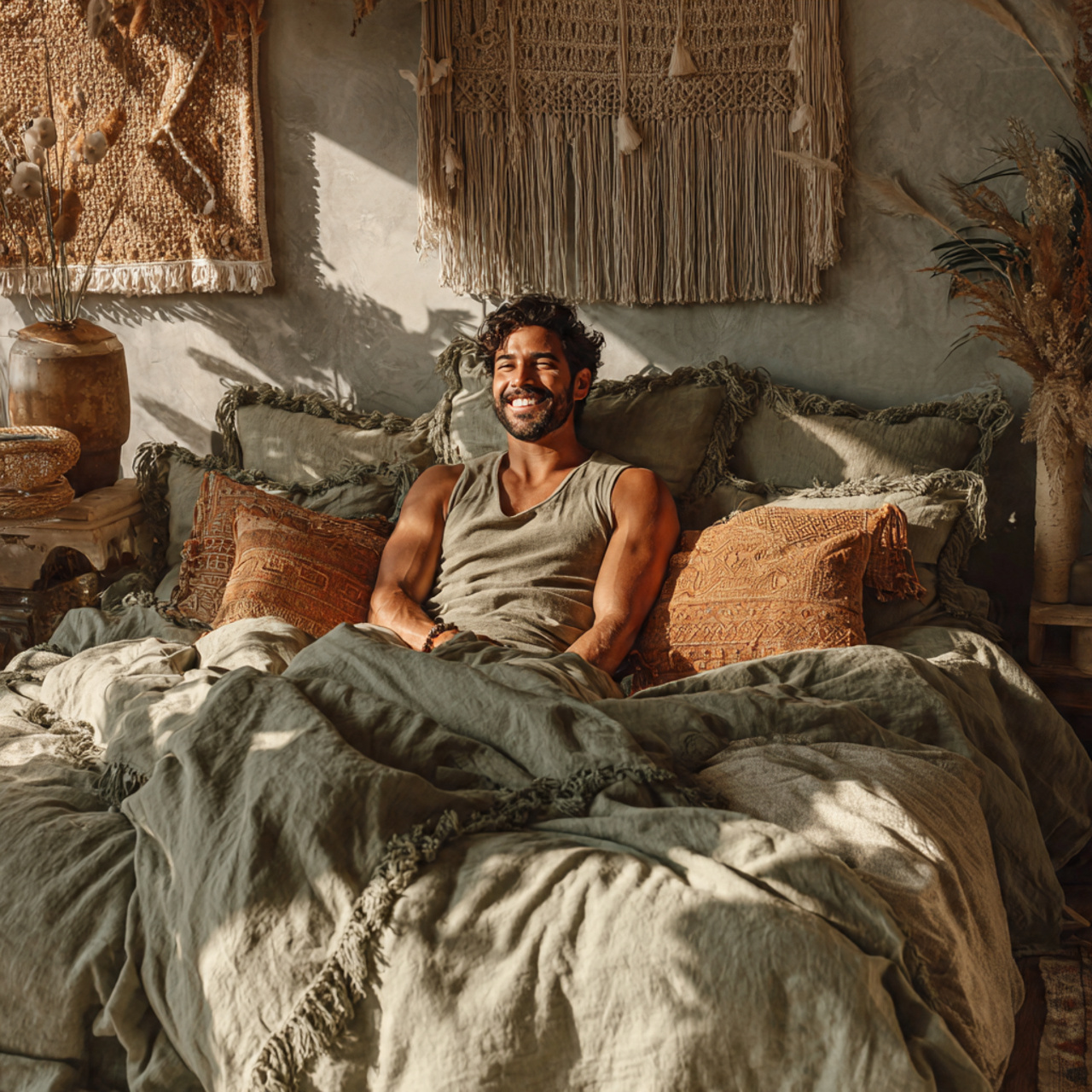 25 Sage Green Bedroom Ideas: Calm, Stylish & Inspiring Designs 4 bohemian style bedroom with layered sage green bedding