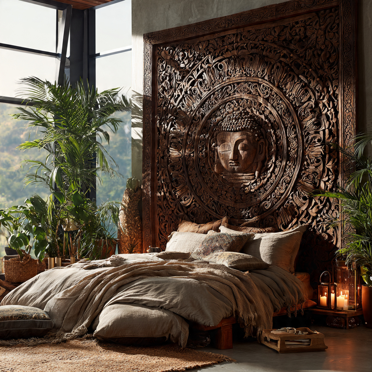 25 Stunning Headboard Ideas to Elevate Your Bedroom Style 18 boho chic bedroom with an intricate carved mandala