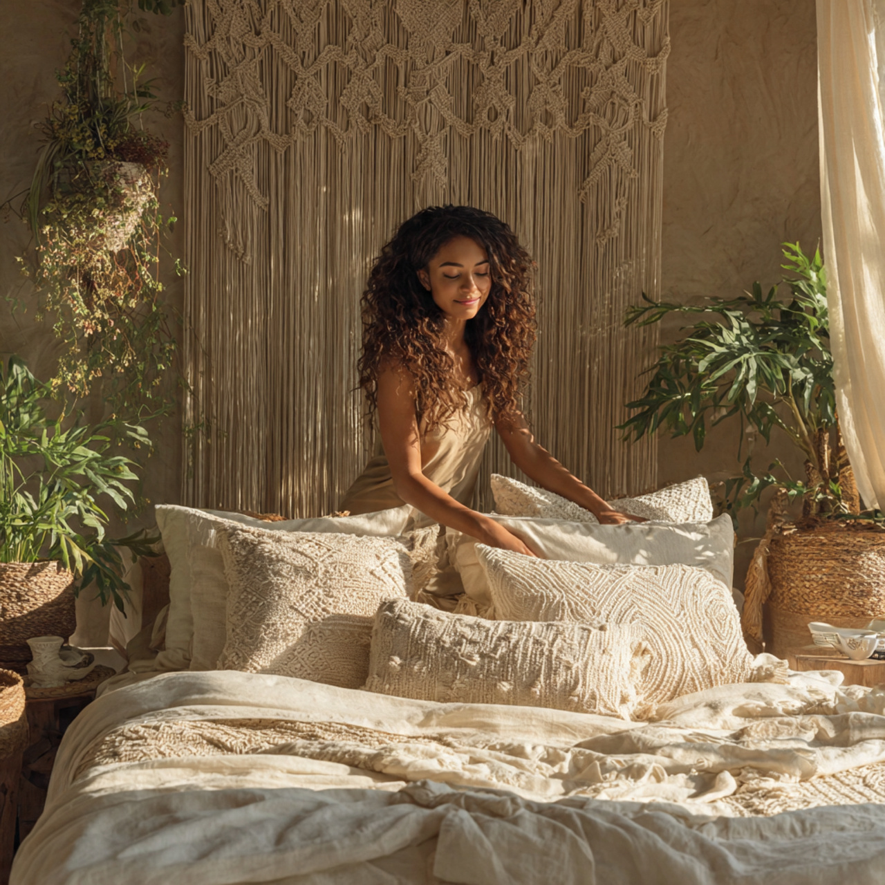 25 Beige Bedroom Ideas for a Calm, Luxurious & Stylish Retreat 7 boho inspired bedroom with macram wall hangings woven