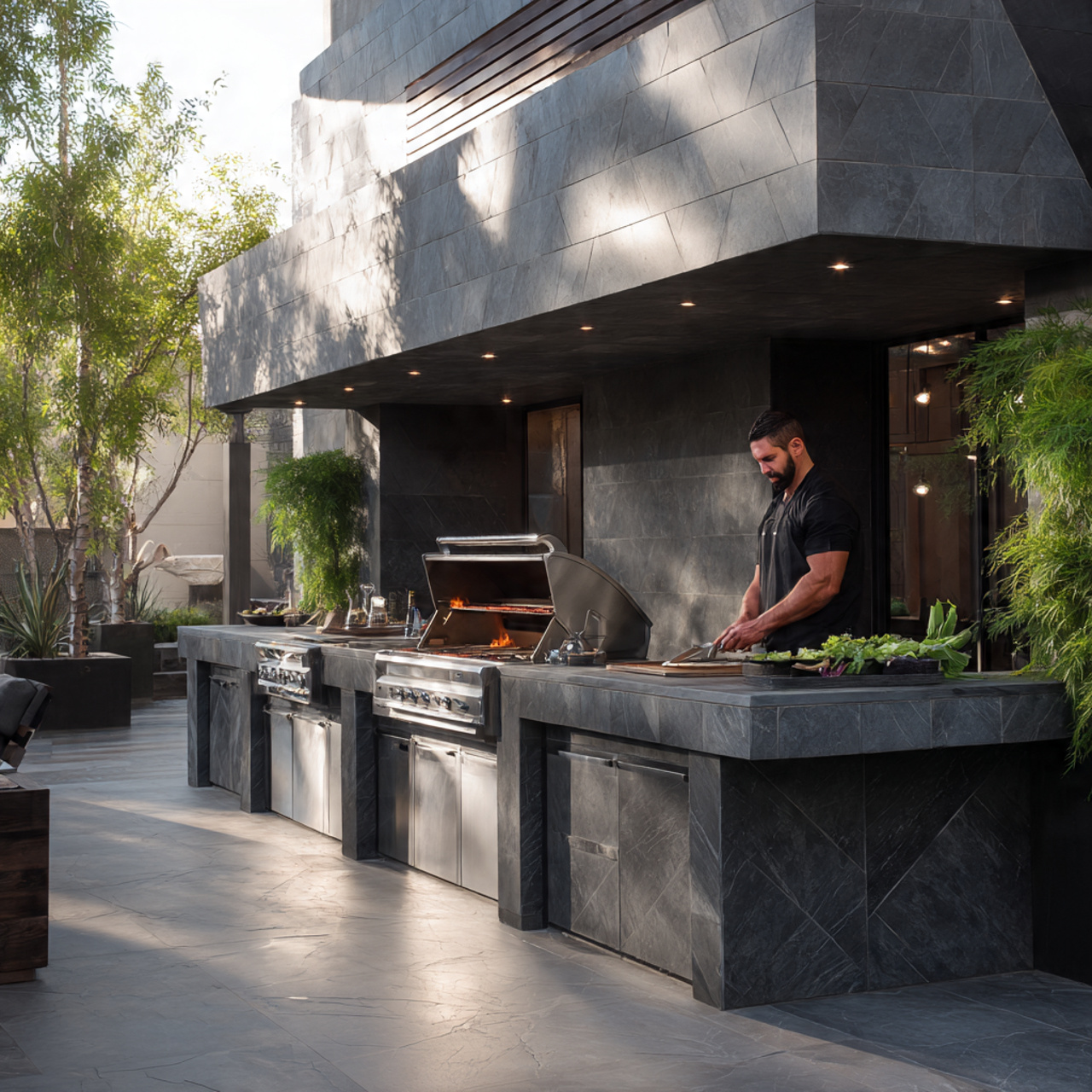 bold outdoor kitchen with dark slate flooring