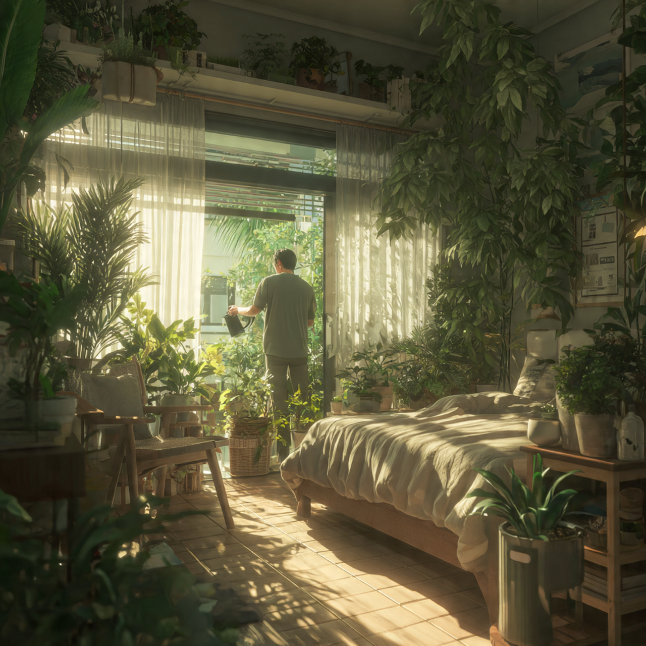 bright bedroom filled with lush indoor plants