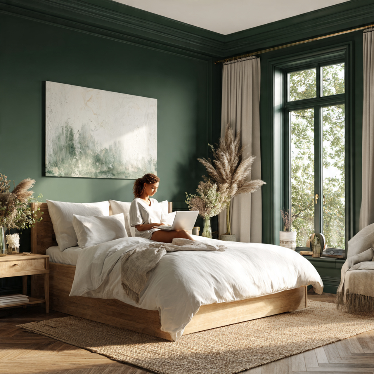 25 Best Dark Green Bedroom Ideas for a Luxe & Relaxing Space 20 bright bedroom with dark green walls contrasted
