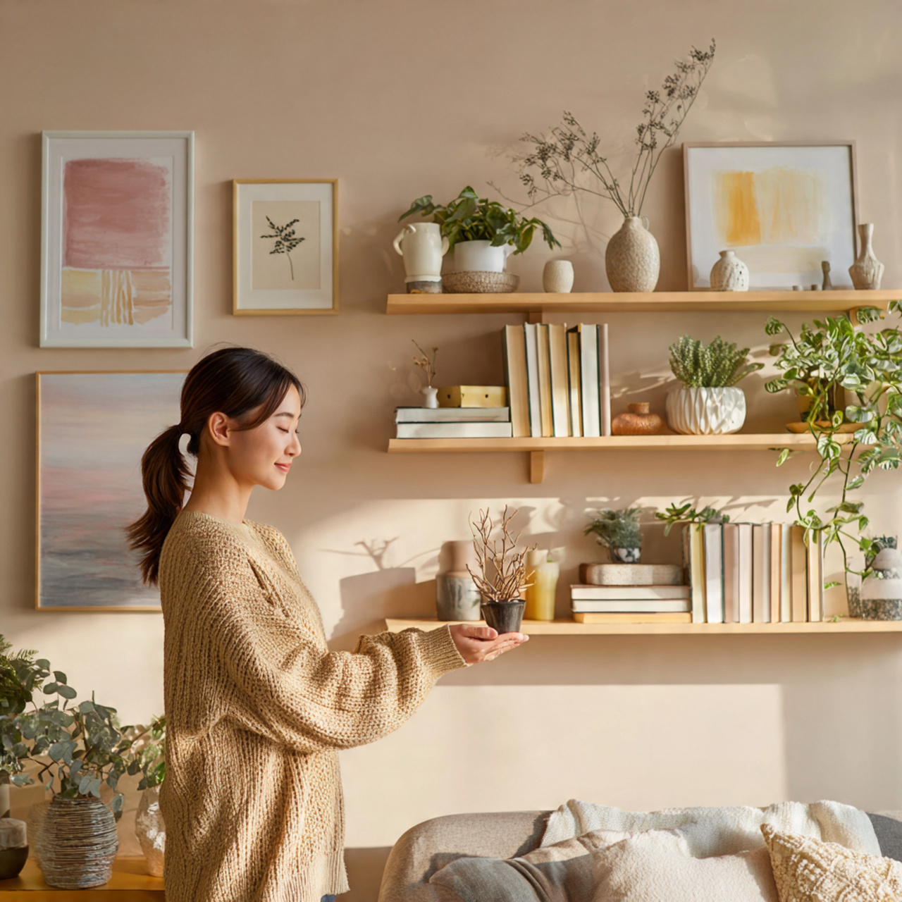 25 Living Room Wall Decor Ideas for a Stylish Home 3 bright living room with floating shelves decorated