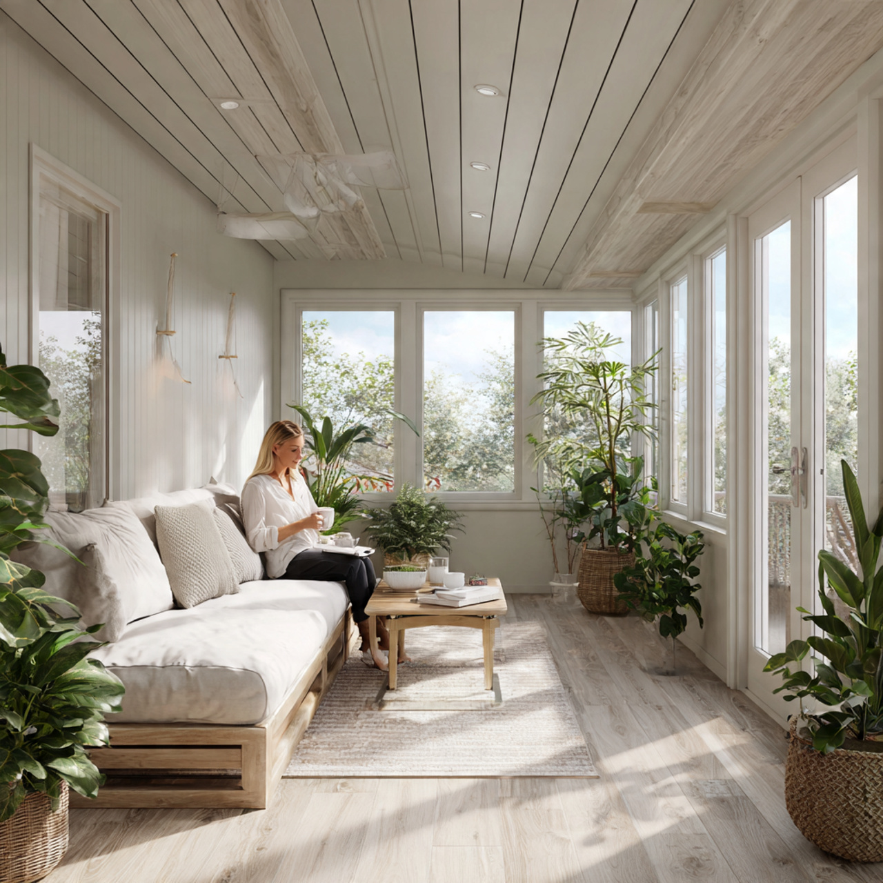 25 Stunning Ceiling Design Ideas to Transform Any Room 4 bright sunroom featuring minimalist shiplap pattern ceiling