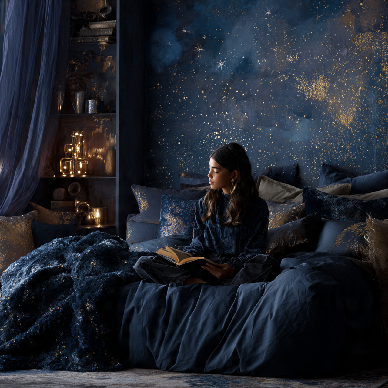 25 Bedroom Decoration Ideas to Create a Stylish & Peaceful Retreat 14 celestial themed bedroom with deep indigo walls metallic