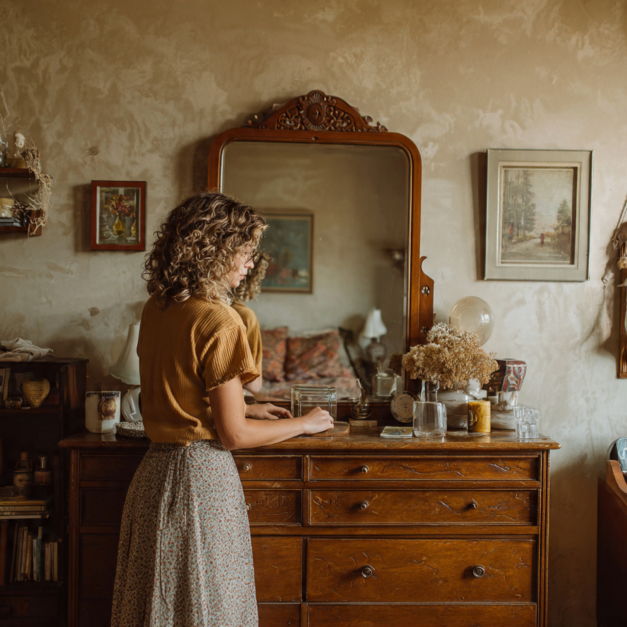 charming bedroom with vintage wooden dresser and