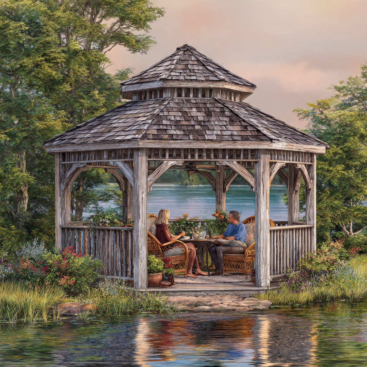 25 Backyard Gazebo Ideas: Stunning Designs to Elevate Your Yard 6 charming lakeside backyard gazebo with weathered wood