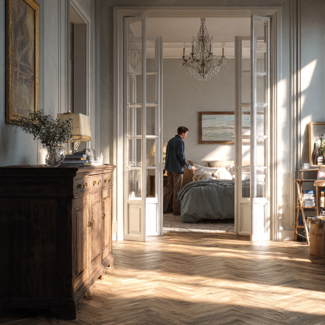 25 Bedroom Flooring Ideas That Inspire Serenity & Elegance 3 classic bedroom featuring herringbone pattern parquet flooring