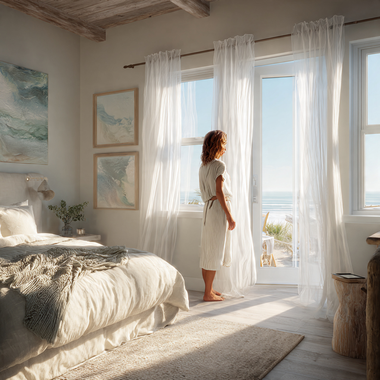 25 Beige Bedroom Ideas for a Calm, Luxurious & Stylish Retreat 13 coastal inspired bedroom with oatmeal walls sheer white