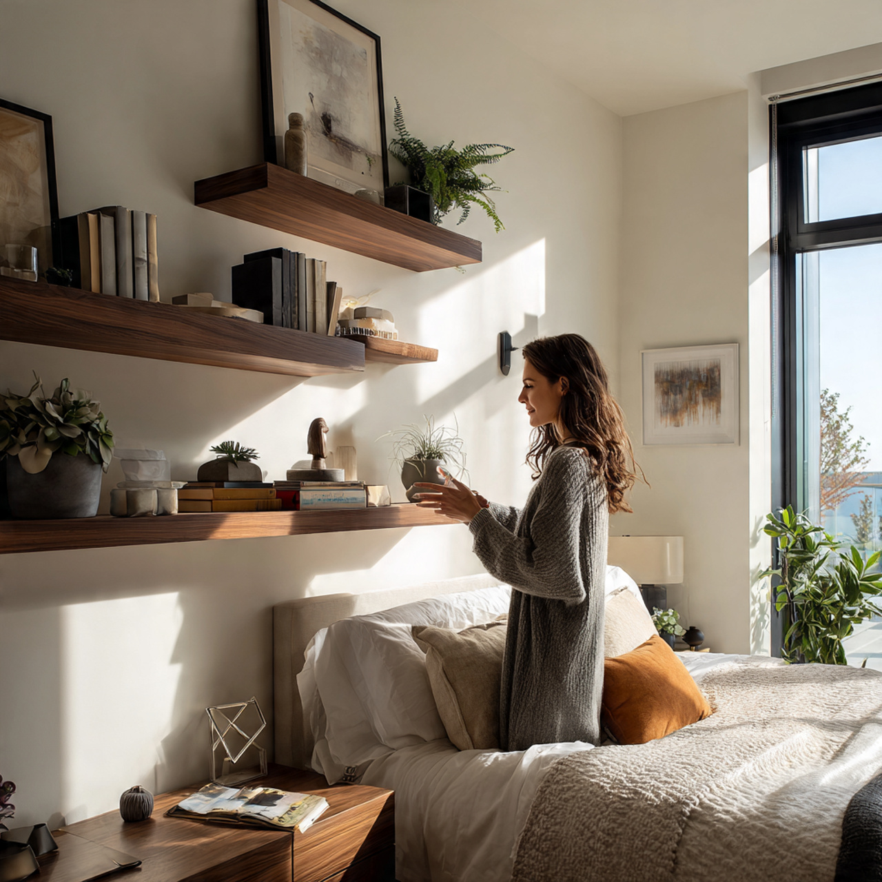 contemporary bedroom with sleek floating shelves displaying