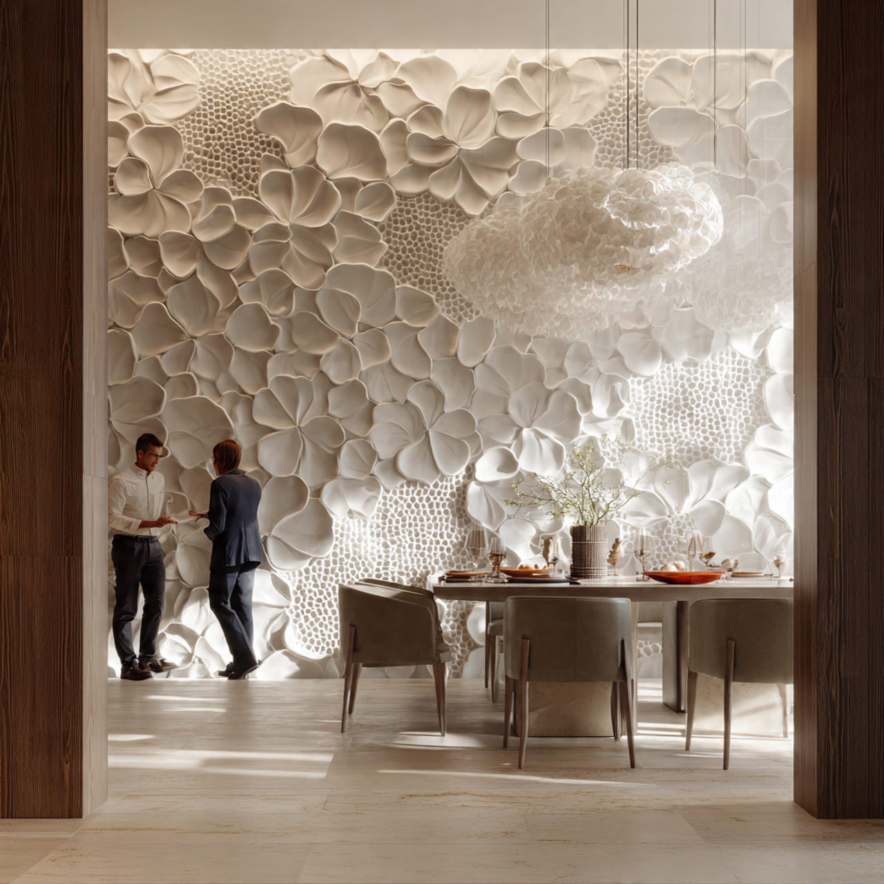 25 Creative Dining Room Wall Decor Ideas to Elevate Your Home 23 contemporary dining room with sculptural ceramic tiles