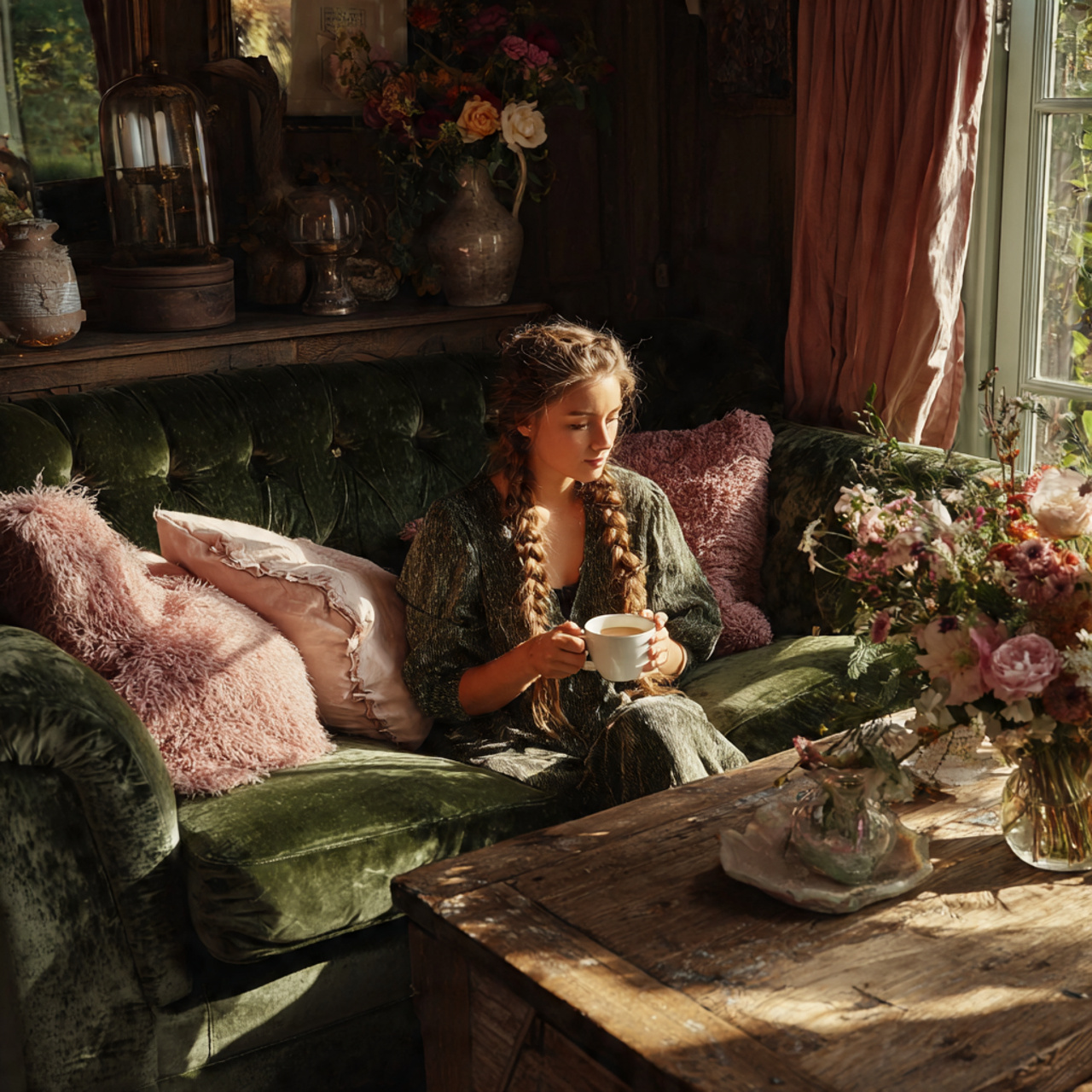 cottagecore living room featuring distressed velvet seating