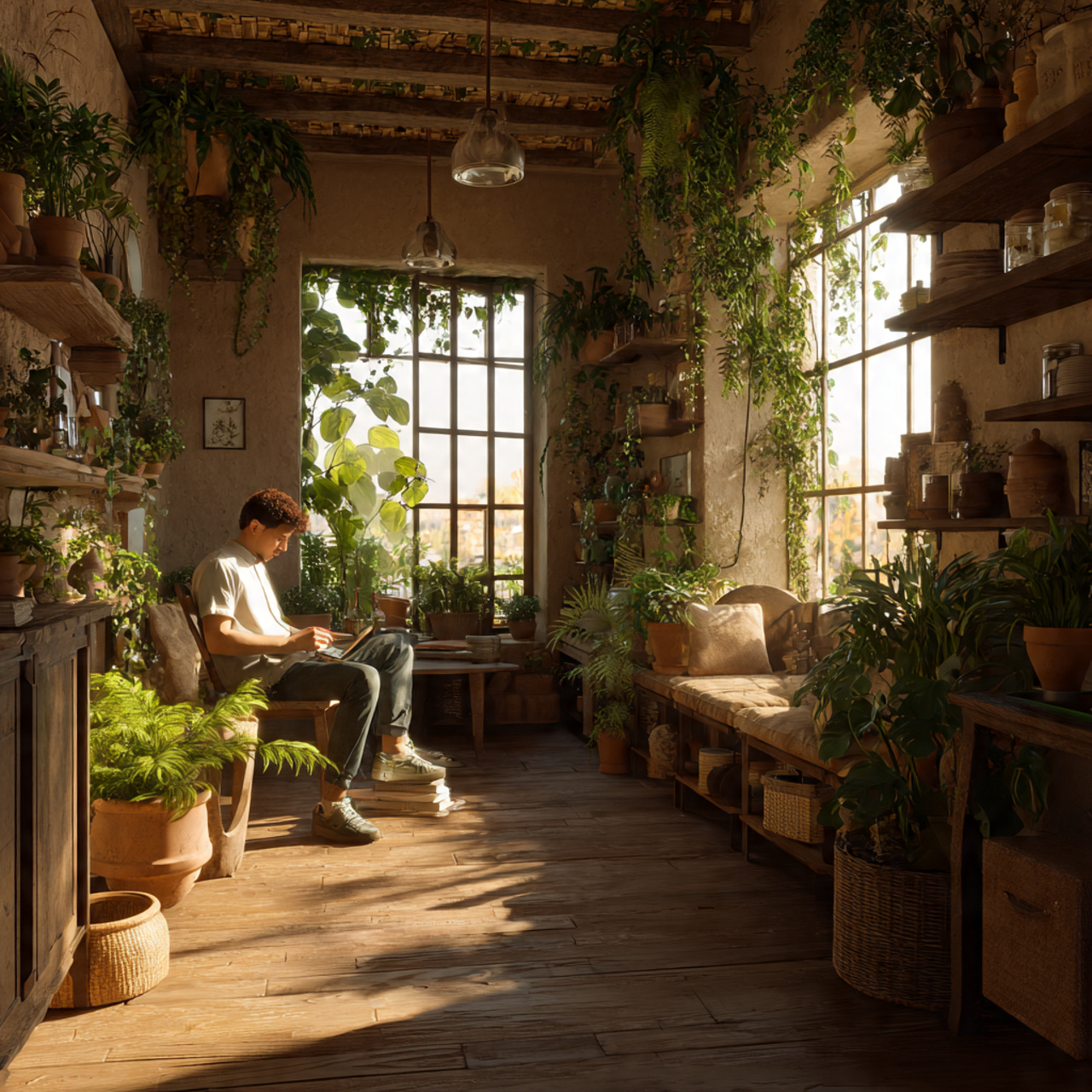 cottagecore living room featuring terracotta potted greenery