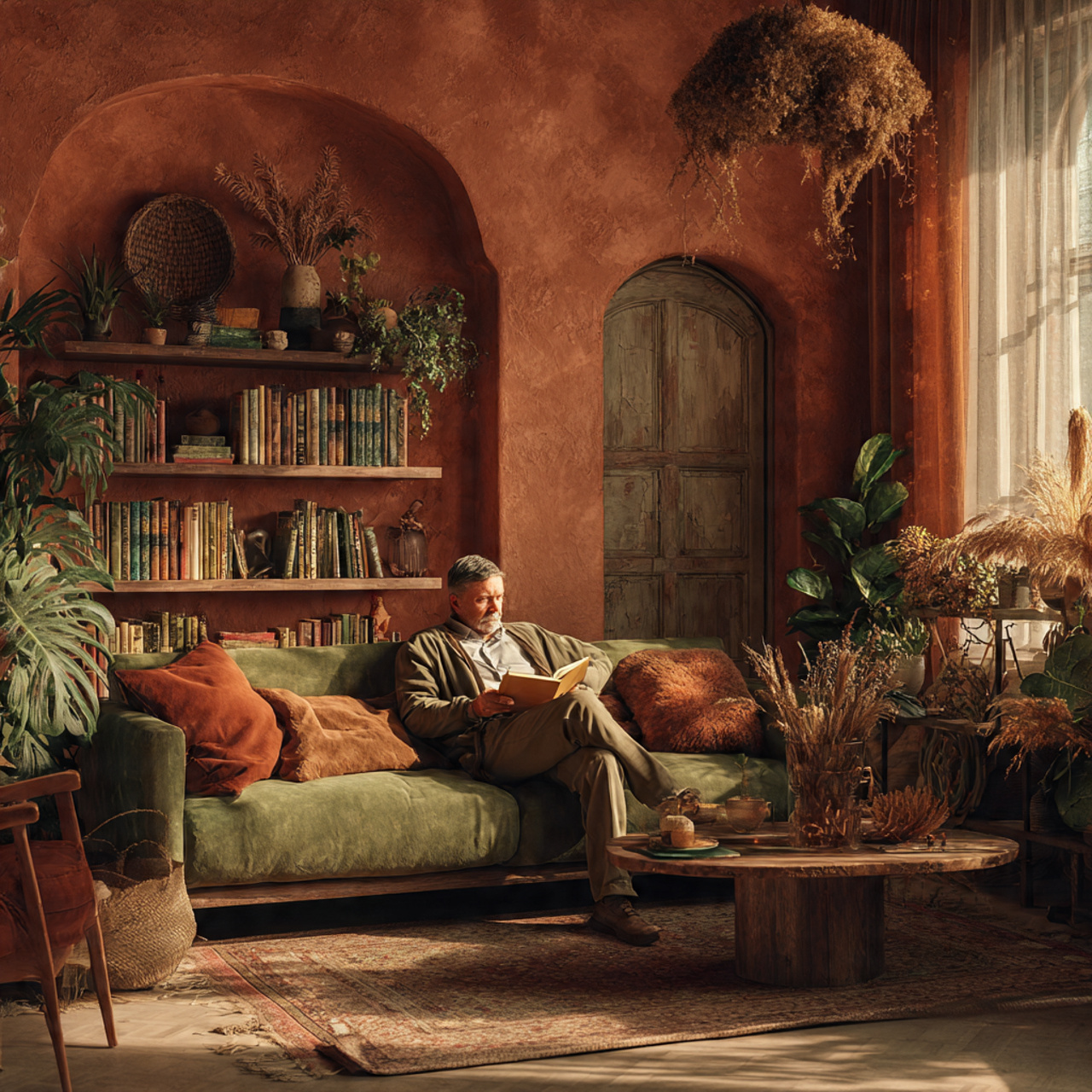 cottagecore living room featuring warm earthy color