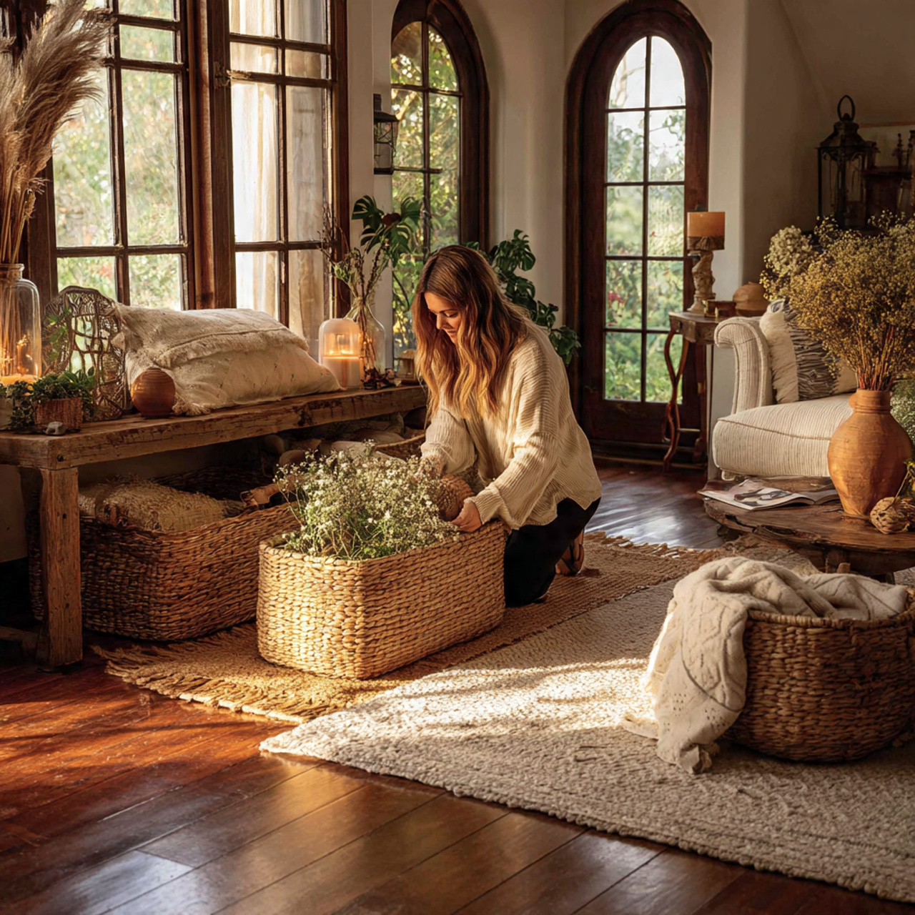 cottagecore living room showcasing woven willow baskets