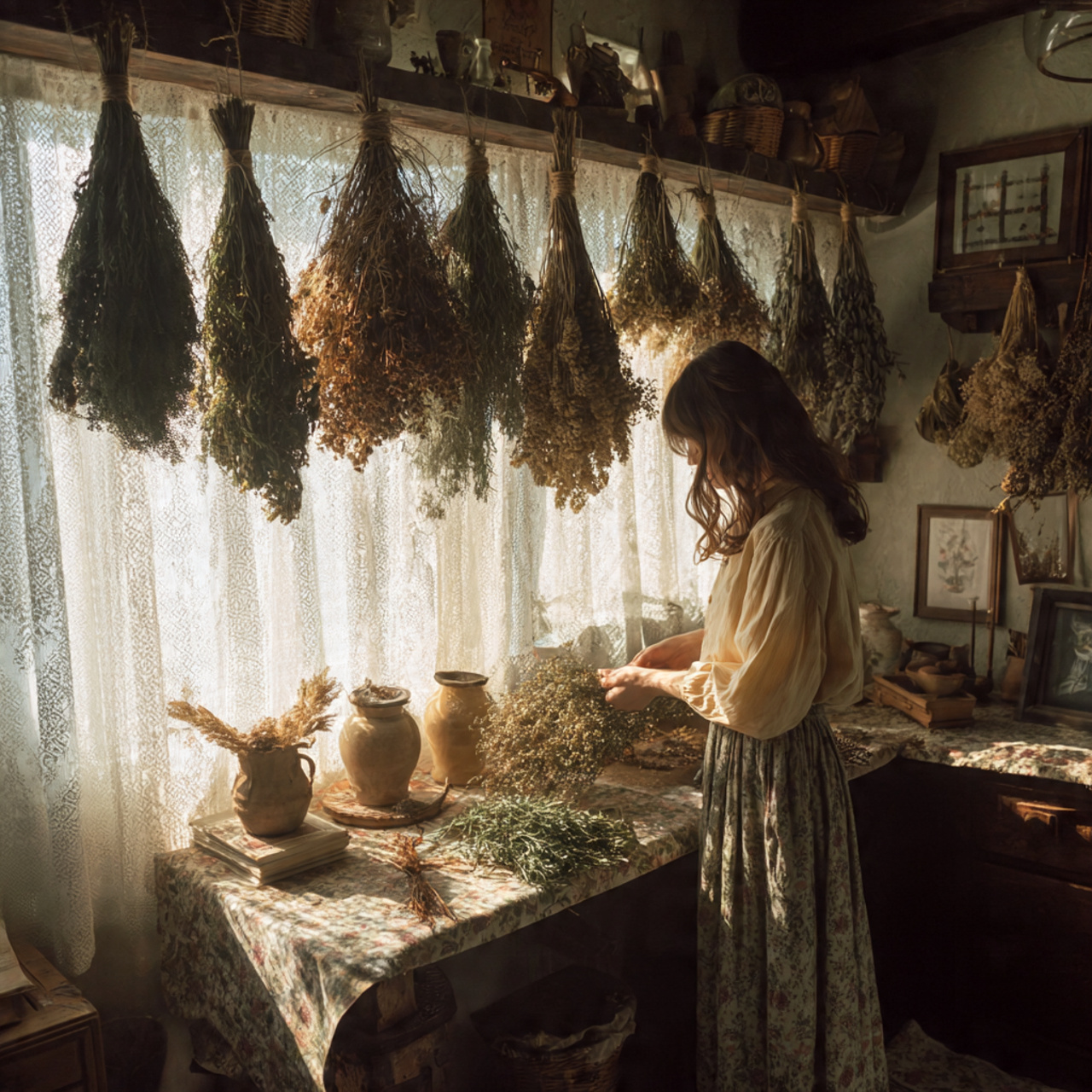 cottagecore living room with dried herb bundles