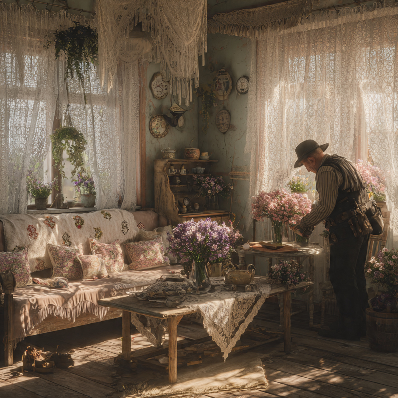 cottagecore living room with embroidered linen accents