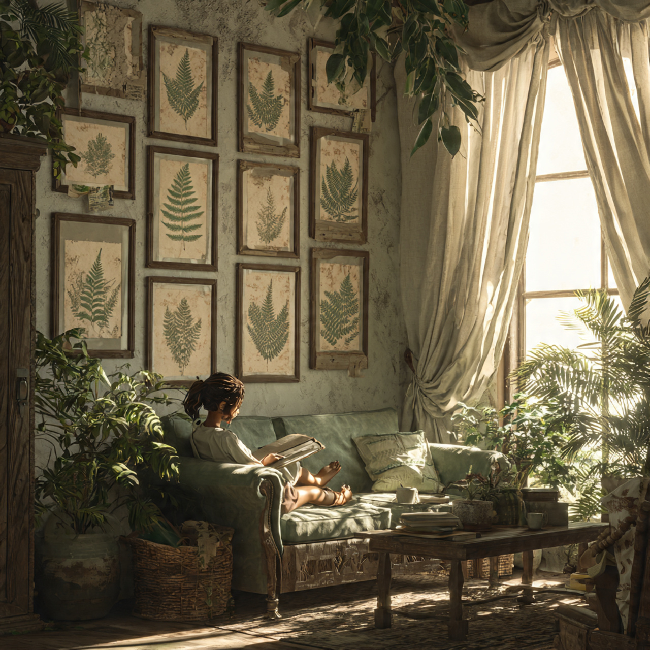 cottagecore living room with pressed fern frames