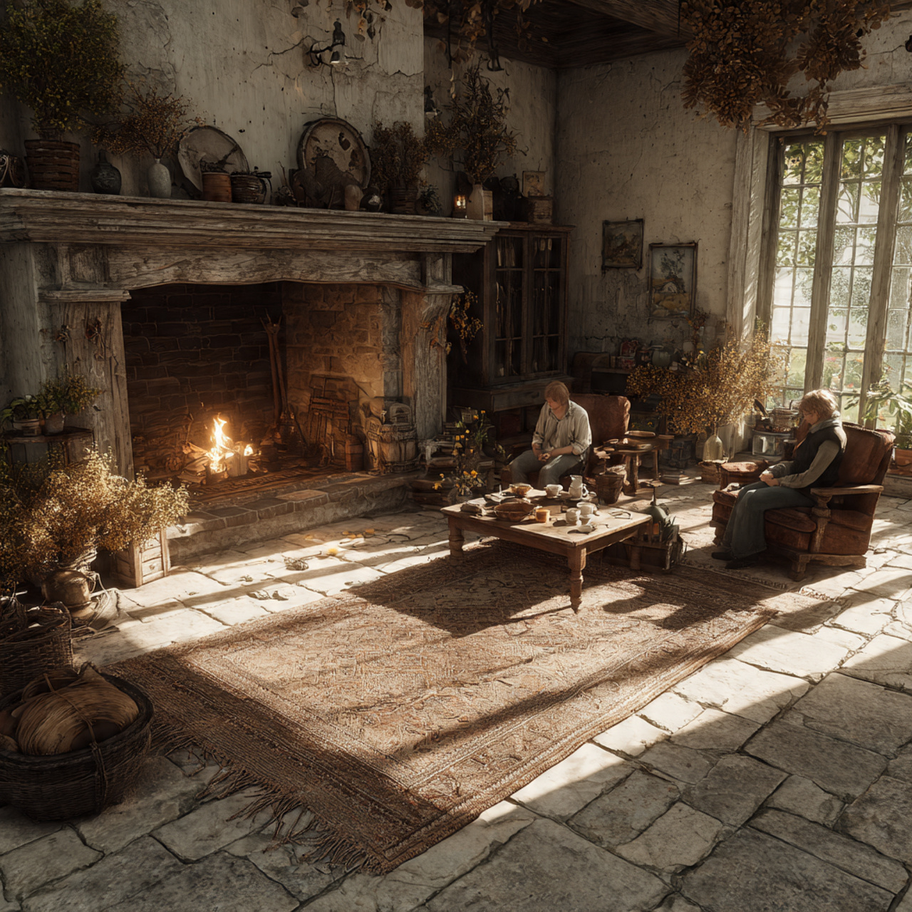 cottagecore living room with rustic stone flooring