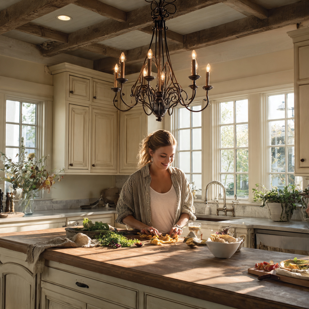 25 Best Country Kitchen Design Ideas to Transform Your Space 16 country kitchen featuring a rustic iron chandelier