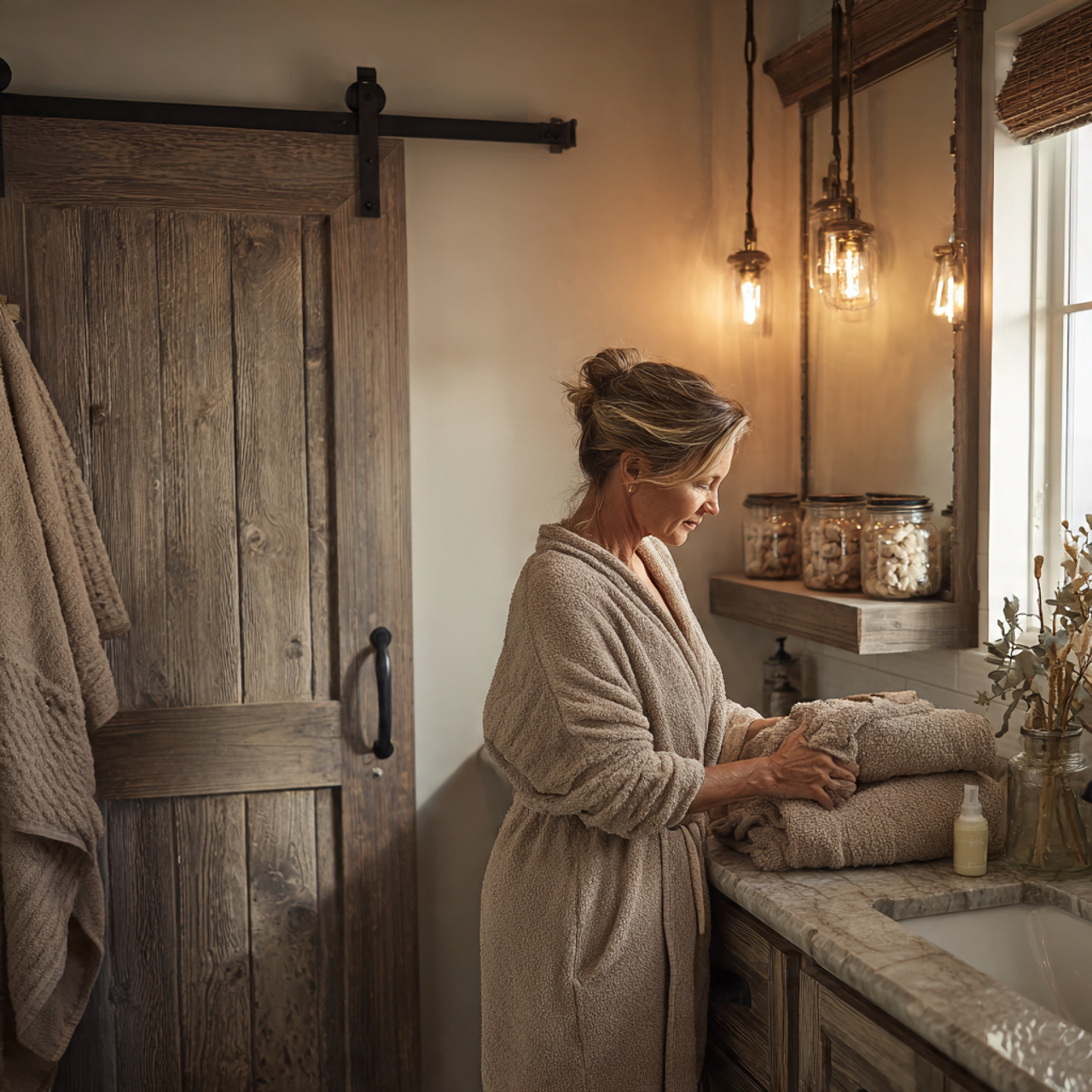 25 Bathroom Decoration & Ideas: Transform Your Bath Into a Luxurious Retreat 21 cozy bathroom with distressed wood vanity barn door