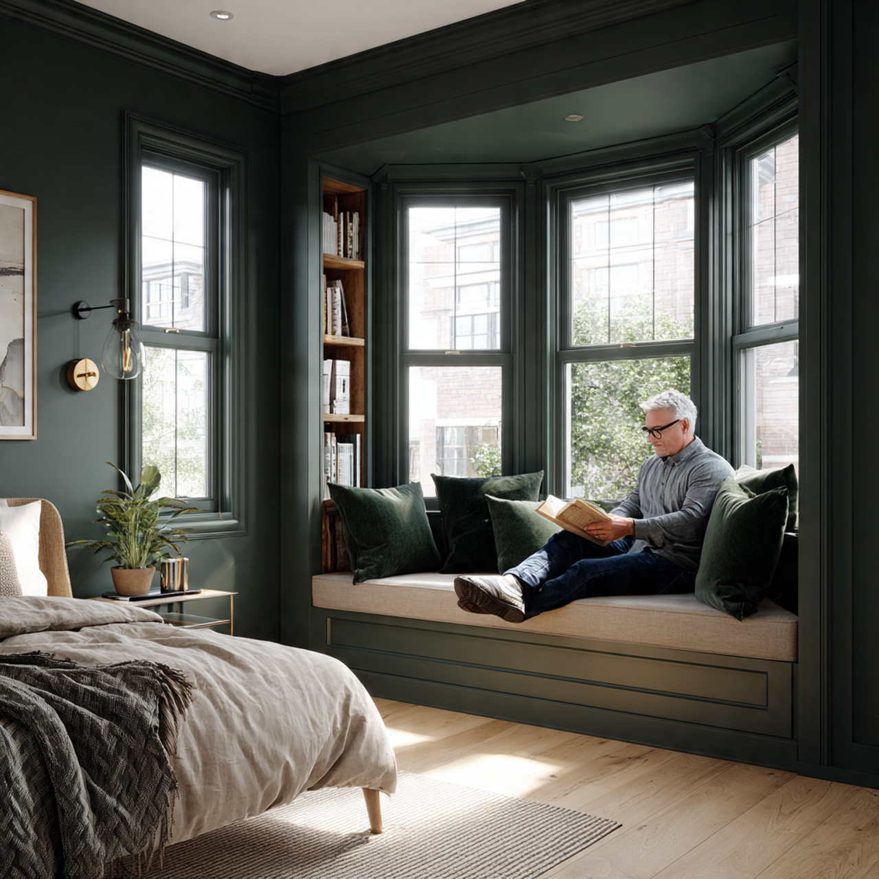 25 Best Dark Green Bedroom Ideas for a Luxe & Relaxing Space 24 cozy bedroom featuring a window seat with