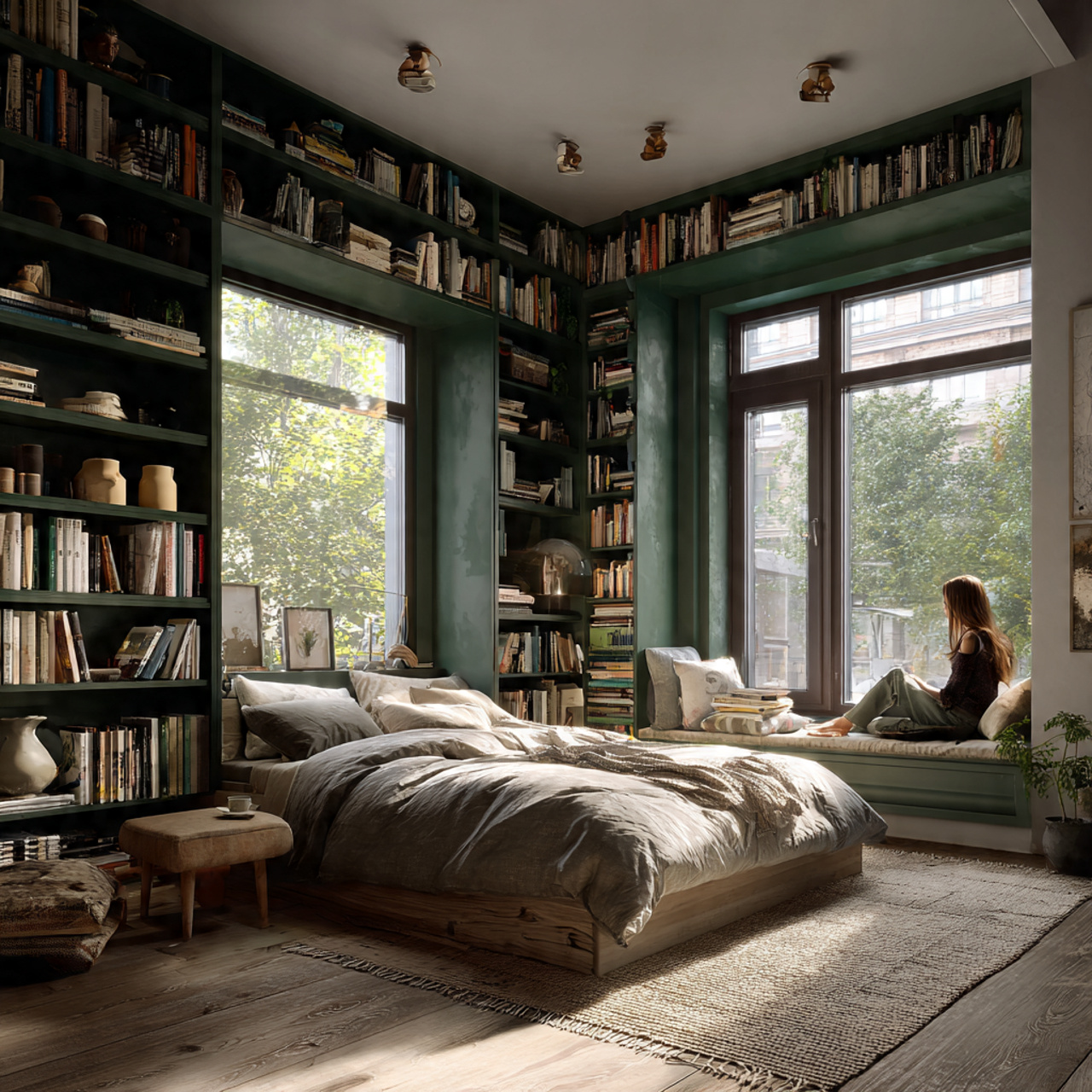 25 Best Dark Green Bedroom Ideas for a Luxe & Relaxing Space 8 cozy bedroom featuring built in hunter green bookshelves