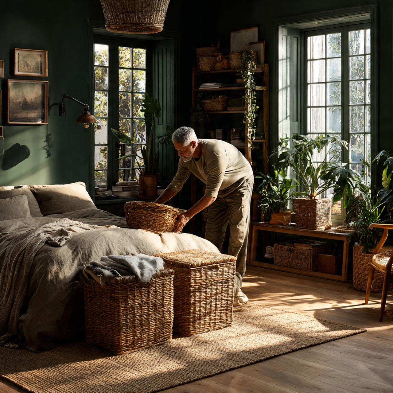 25 Best Dark Green Bedroom Ideas for a Luxe & Relaxing Space 19 cozy bedroom with dark green woven baskets