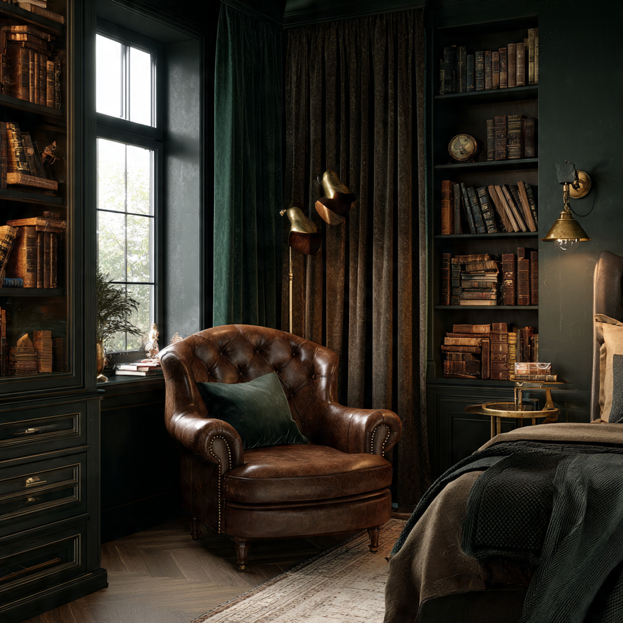 cozy bedroom with deep green and rich