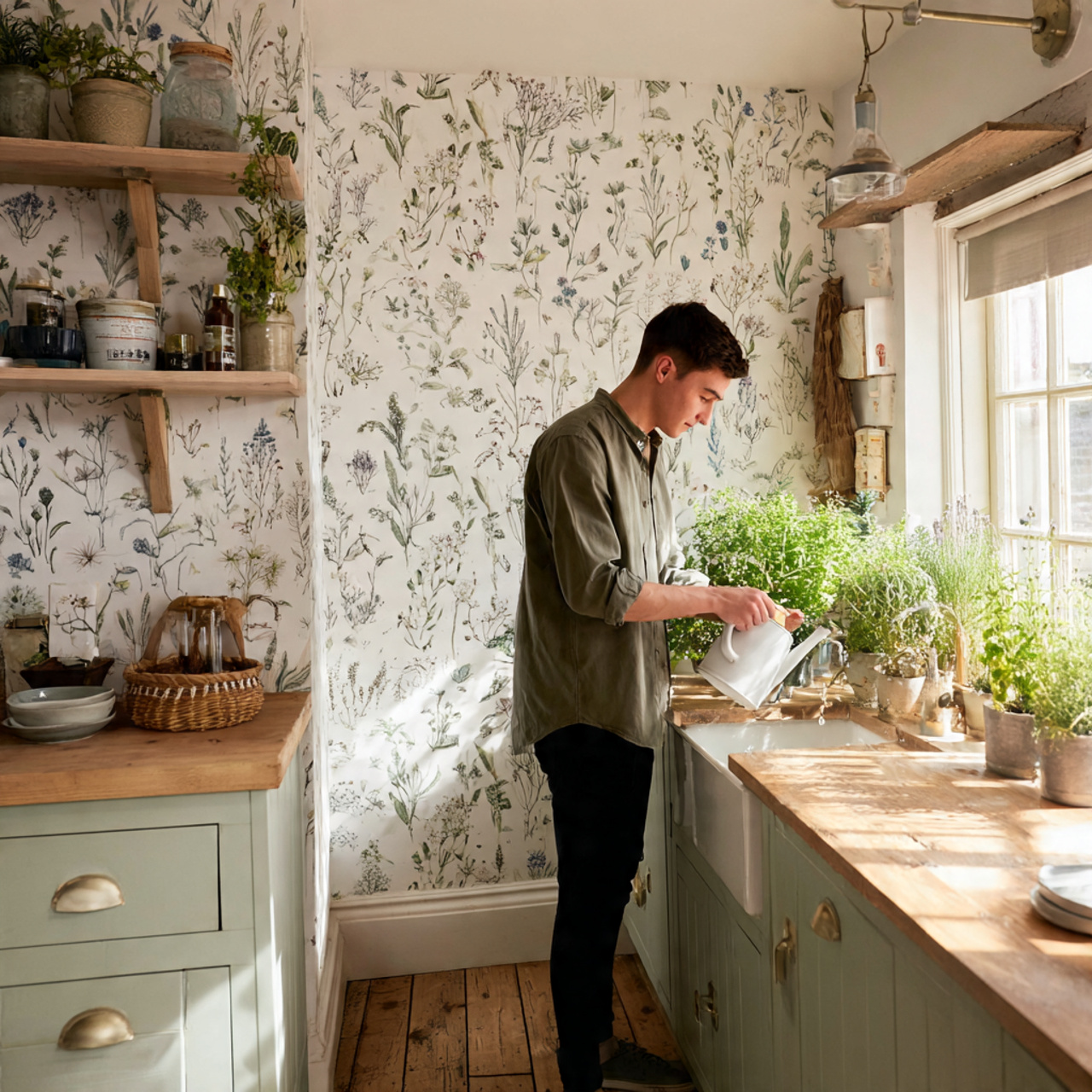 25 Best Country Kitchen Design Ideas to Transform Your Space 22 cozy country kitchen with botanical print wallpaper