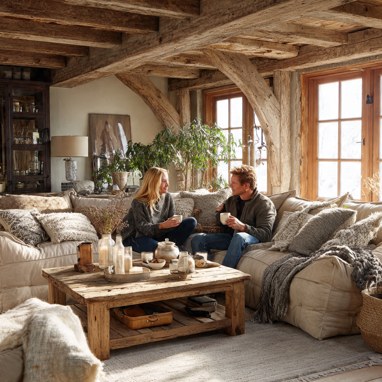 cozy living room with weathered wood beams