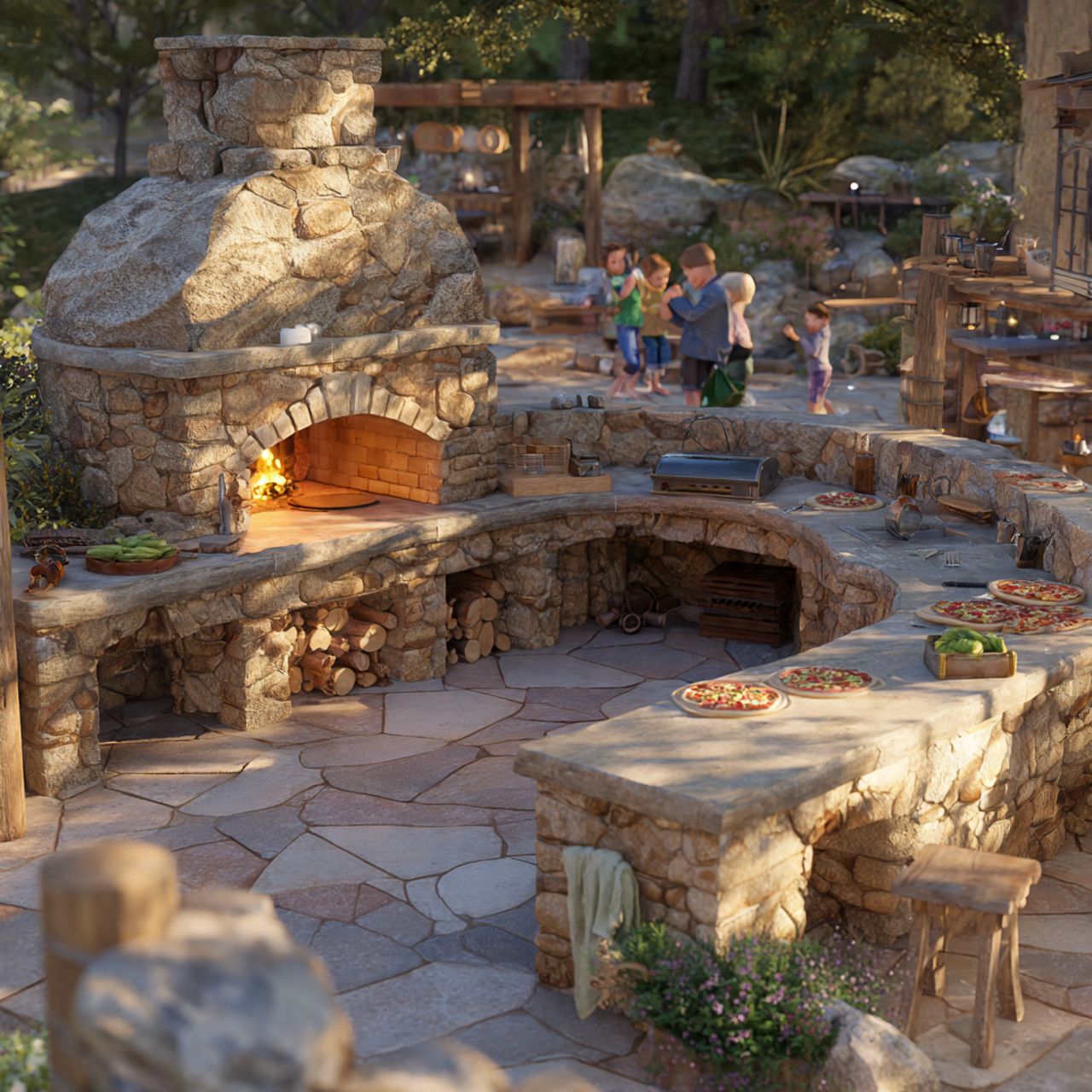 cozy outdoor kitchen with a rustic fieldstone