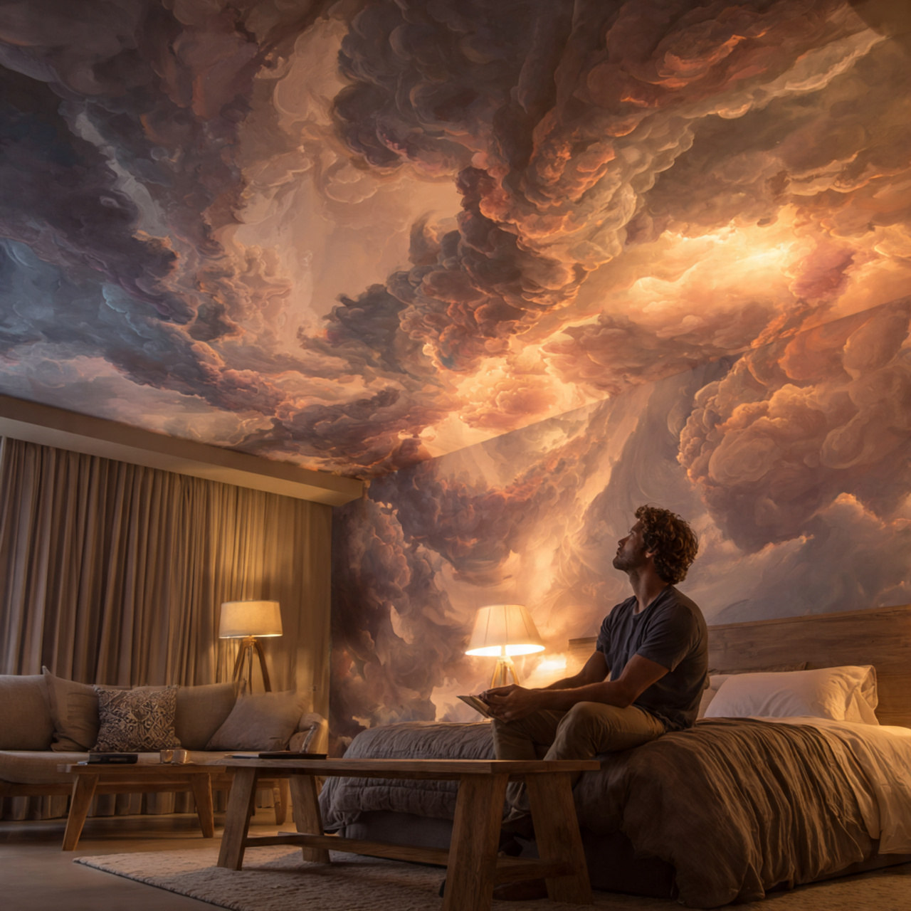 creative bedroom with a stunning ceiling mural