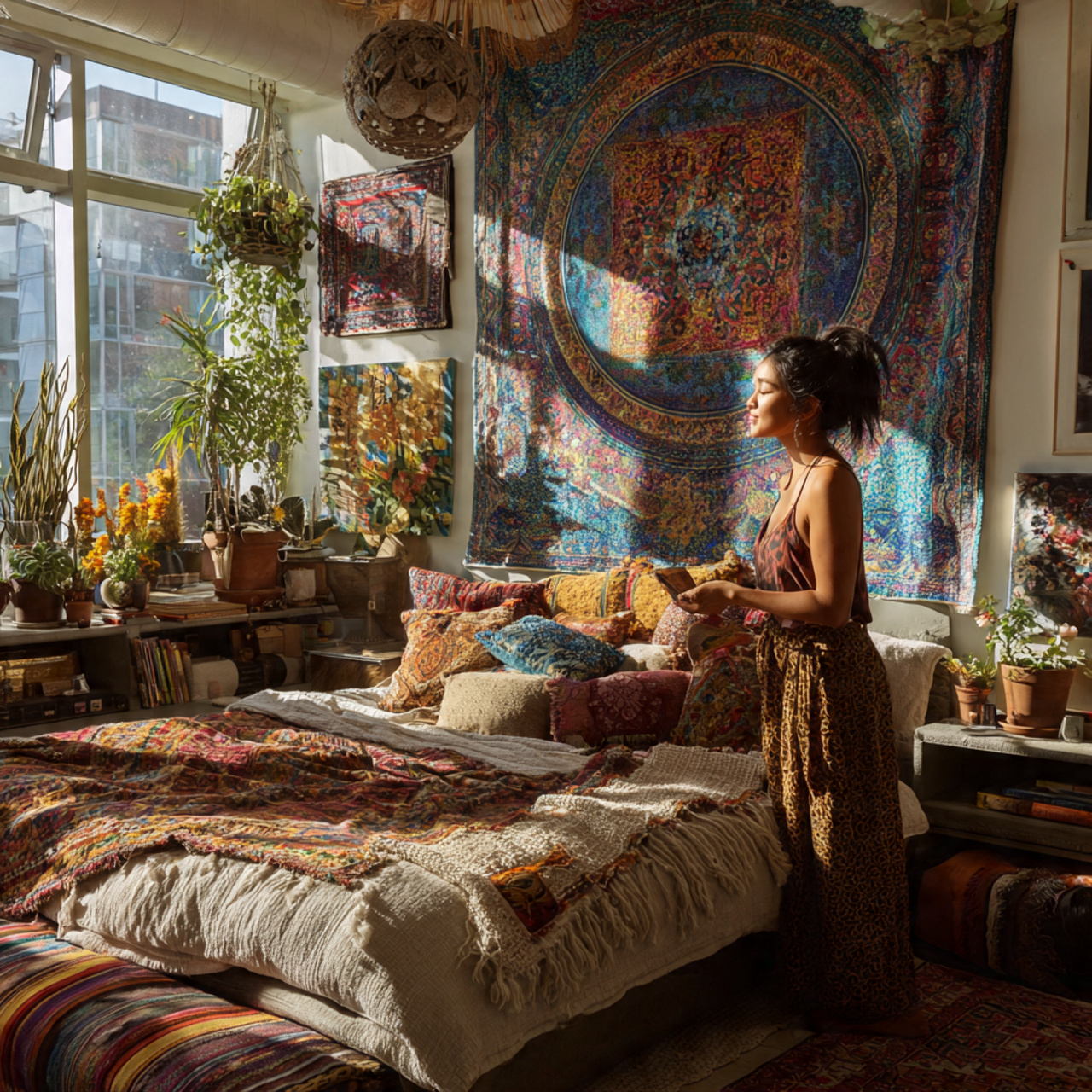 25 Stunning Headboard Ideas to Elevate Your Bedroom Style 15 eclectic bedroom with a large artistic fabric