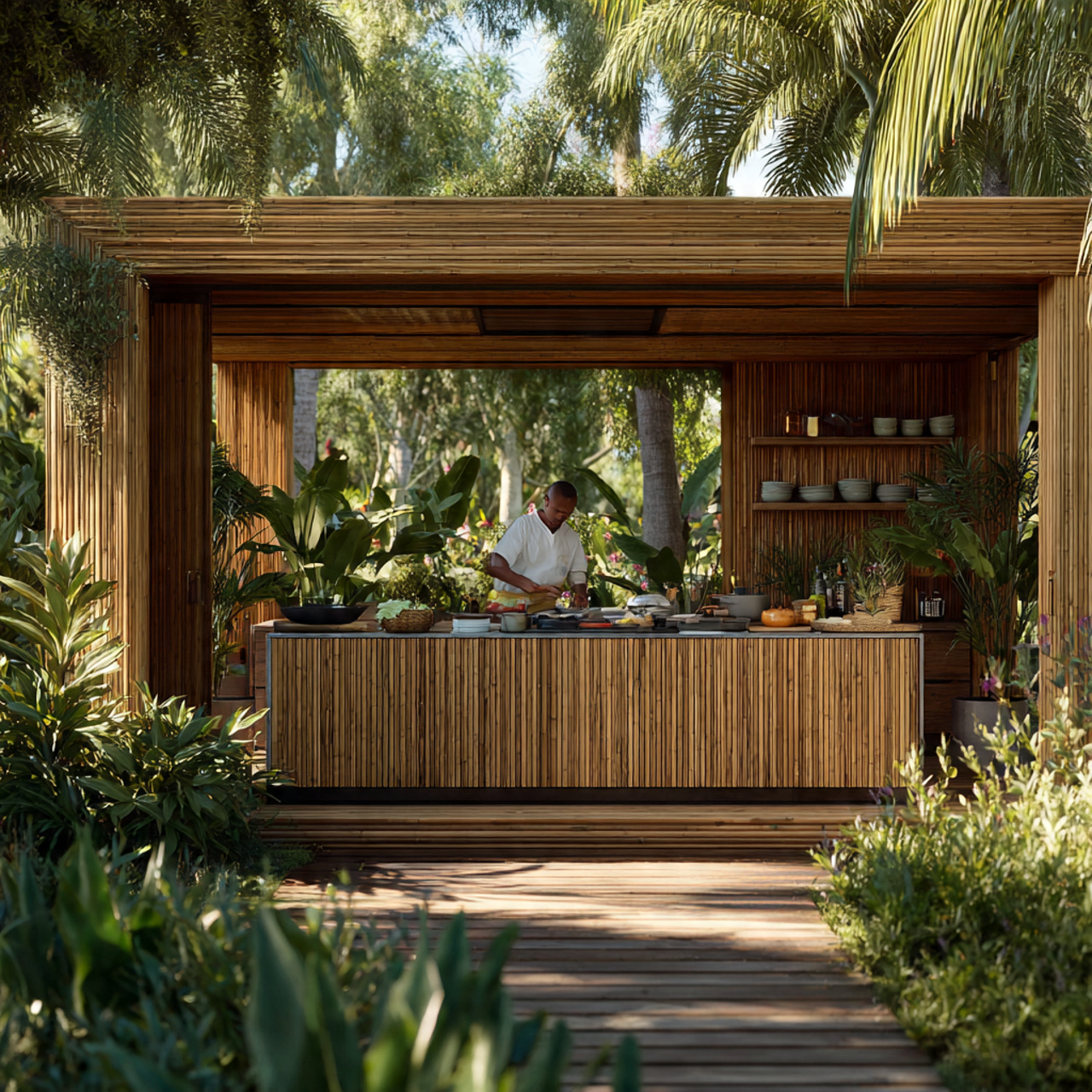 eco friendly outdoor kitchen featuring sustainable bamboo cabinetry