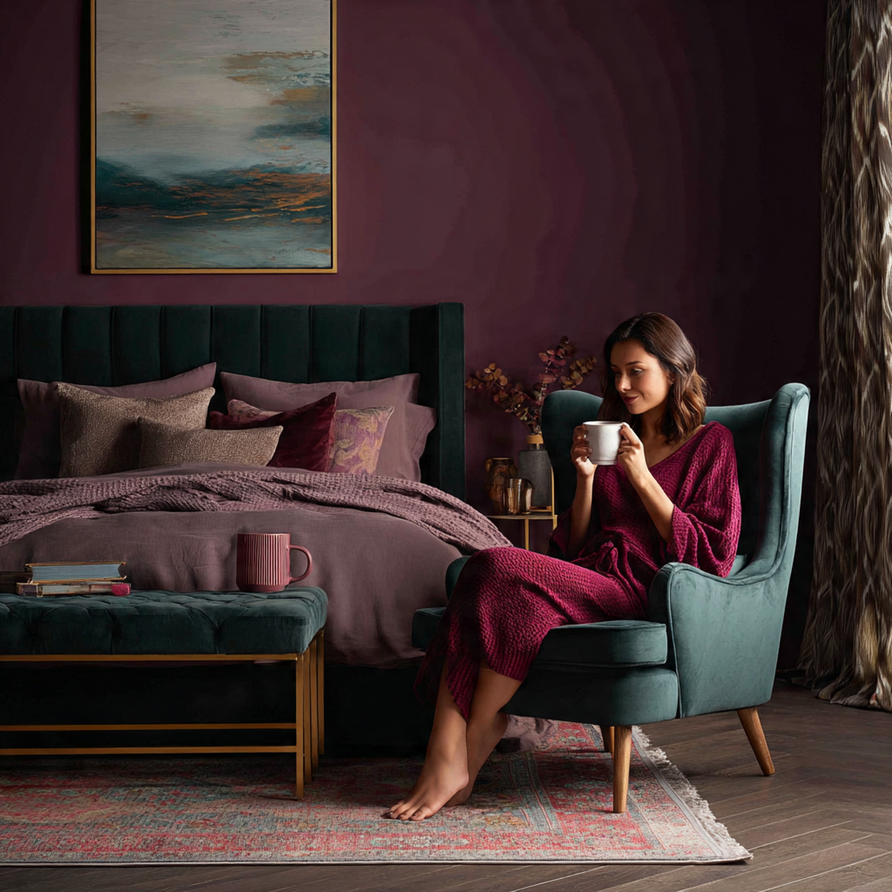 elegant bedroom featuring a velvet upholstered armchair and