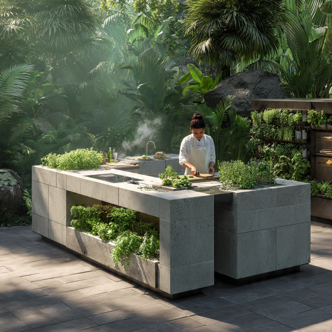 functional outdoor kitchen with integrated herb garden