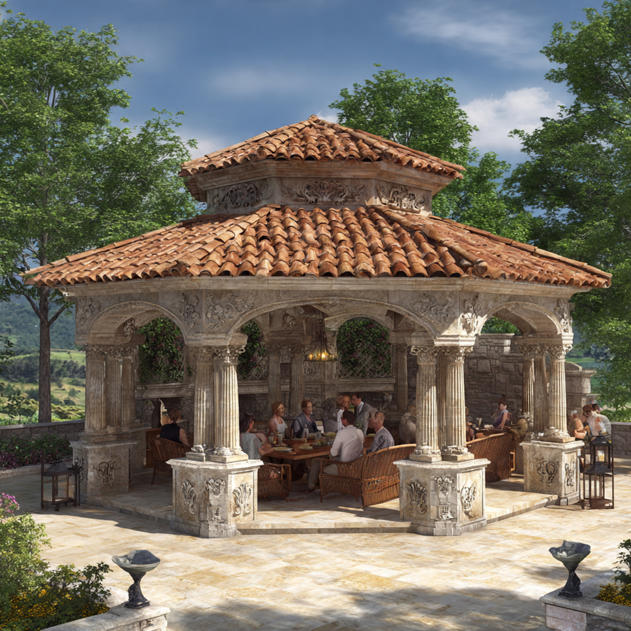 25 Backyard Gazebo Ideas: Stunning Designs to Elevate Your Yard 5 grand mediterranean stone backyard gazebo with terracotta