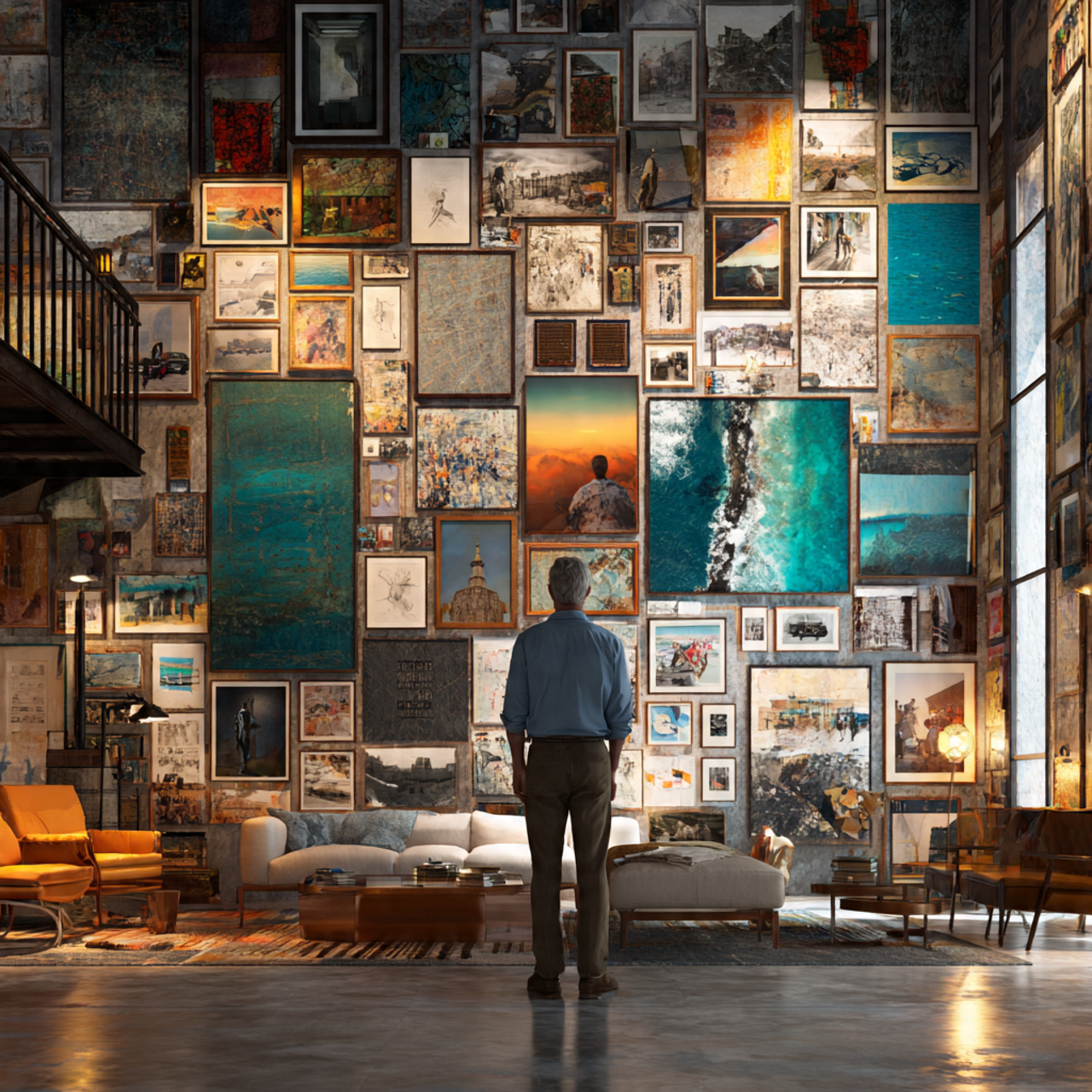 living room with floor to ceiling art eclectic frames