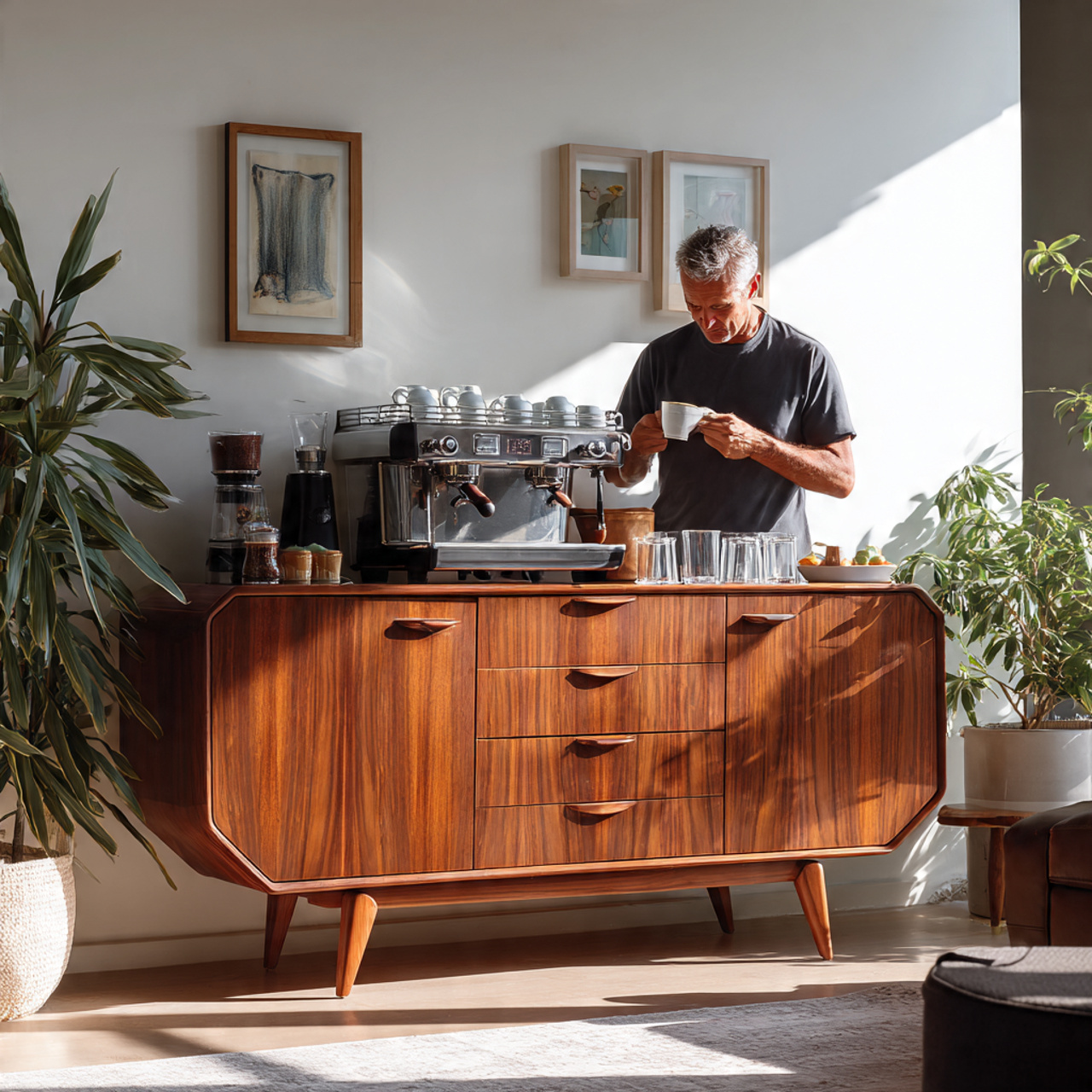 25 Coffee Bar Ideas: Stylish & Creative Home Coffee Station Inspiration 17 mid century modern sideboard coffee bar ideas