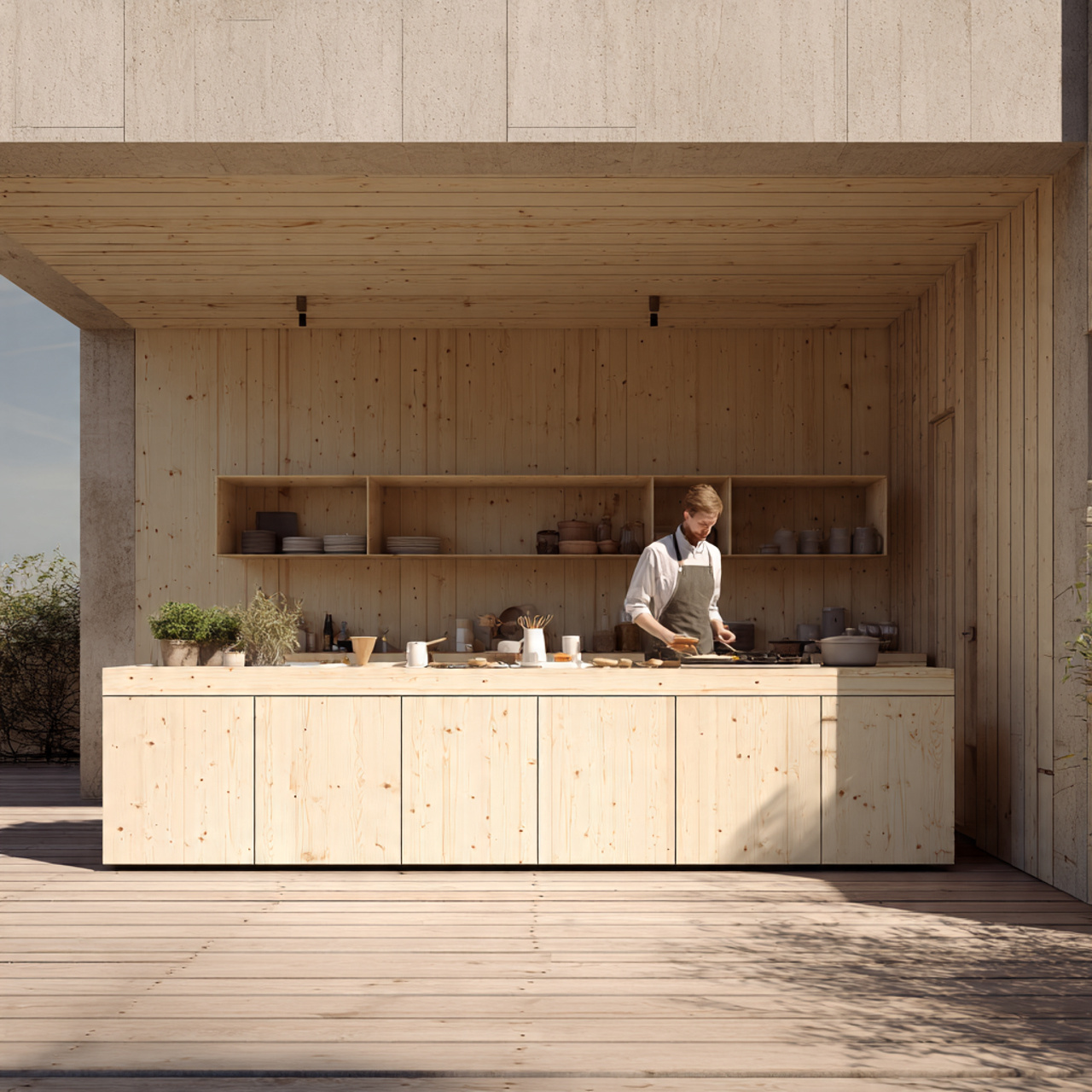minimalist outdoor kitchen with scandinavian simple wood