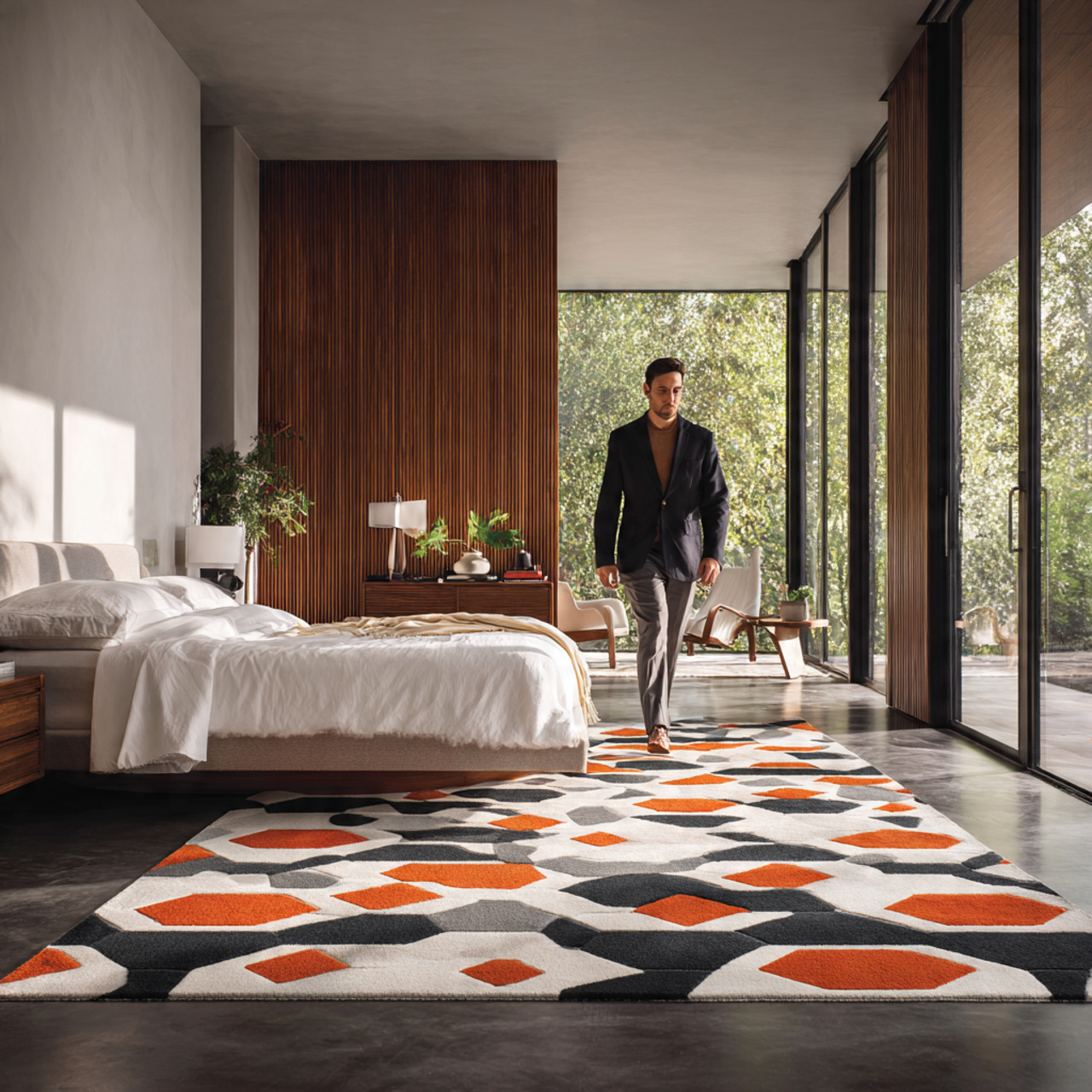 modern bedroom featuring a bold geometric patterned