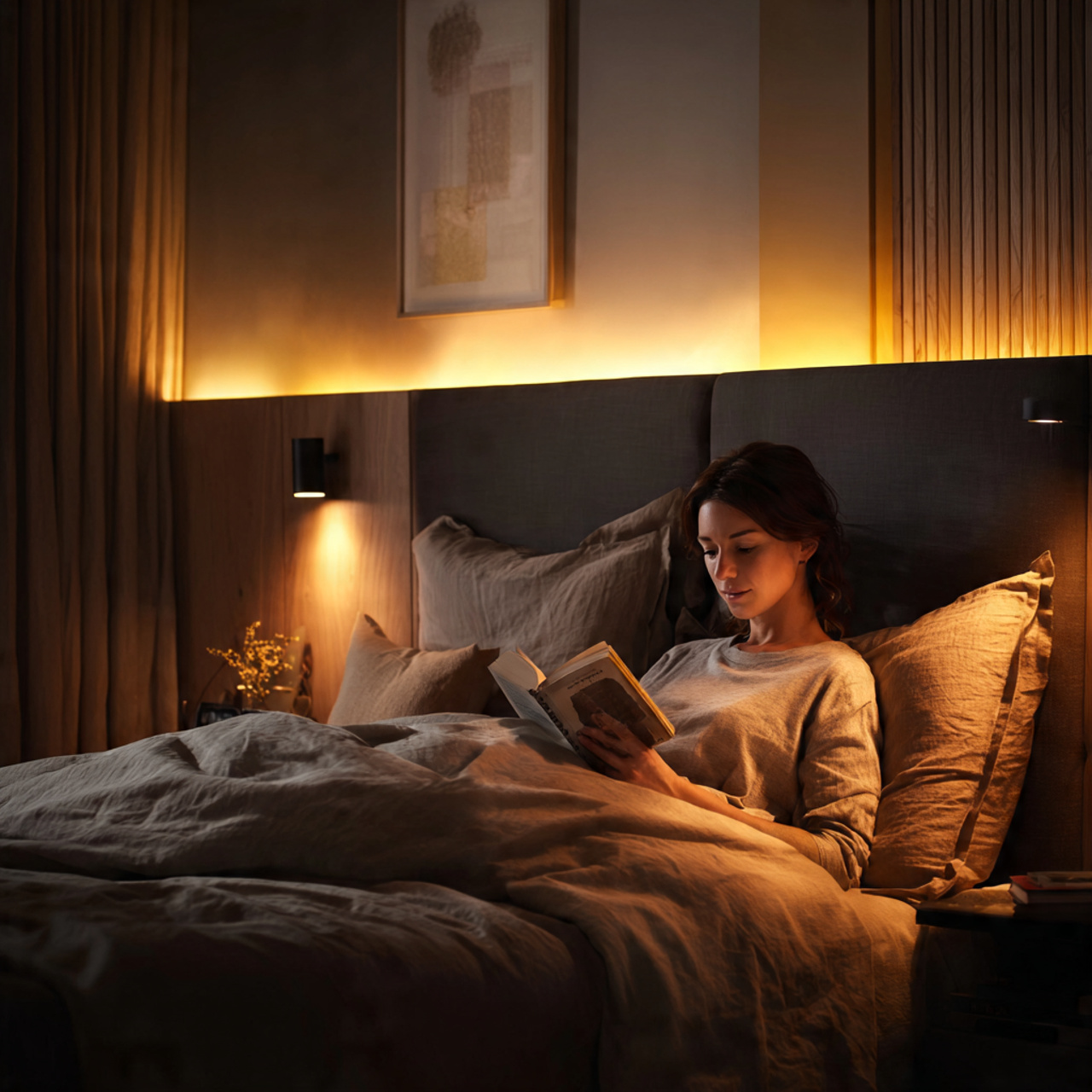 modern bedroom featuring layered ambient lighting dimmable