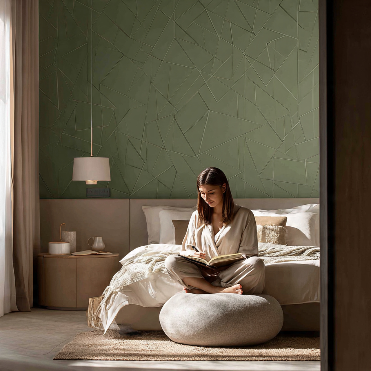 25 Sage Green Bedroom Ideas: Calm, Stylish & Inspiring Designs 11 modern bedroom featuring sage green geometric patterned