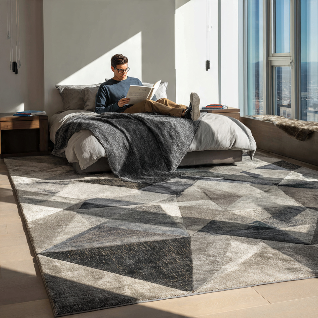 25 Bedroom Flooring Ideas That Inspire Serenity & Elegance 17 modern bedroom with a geometric area rug